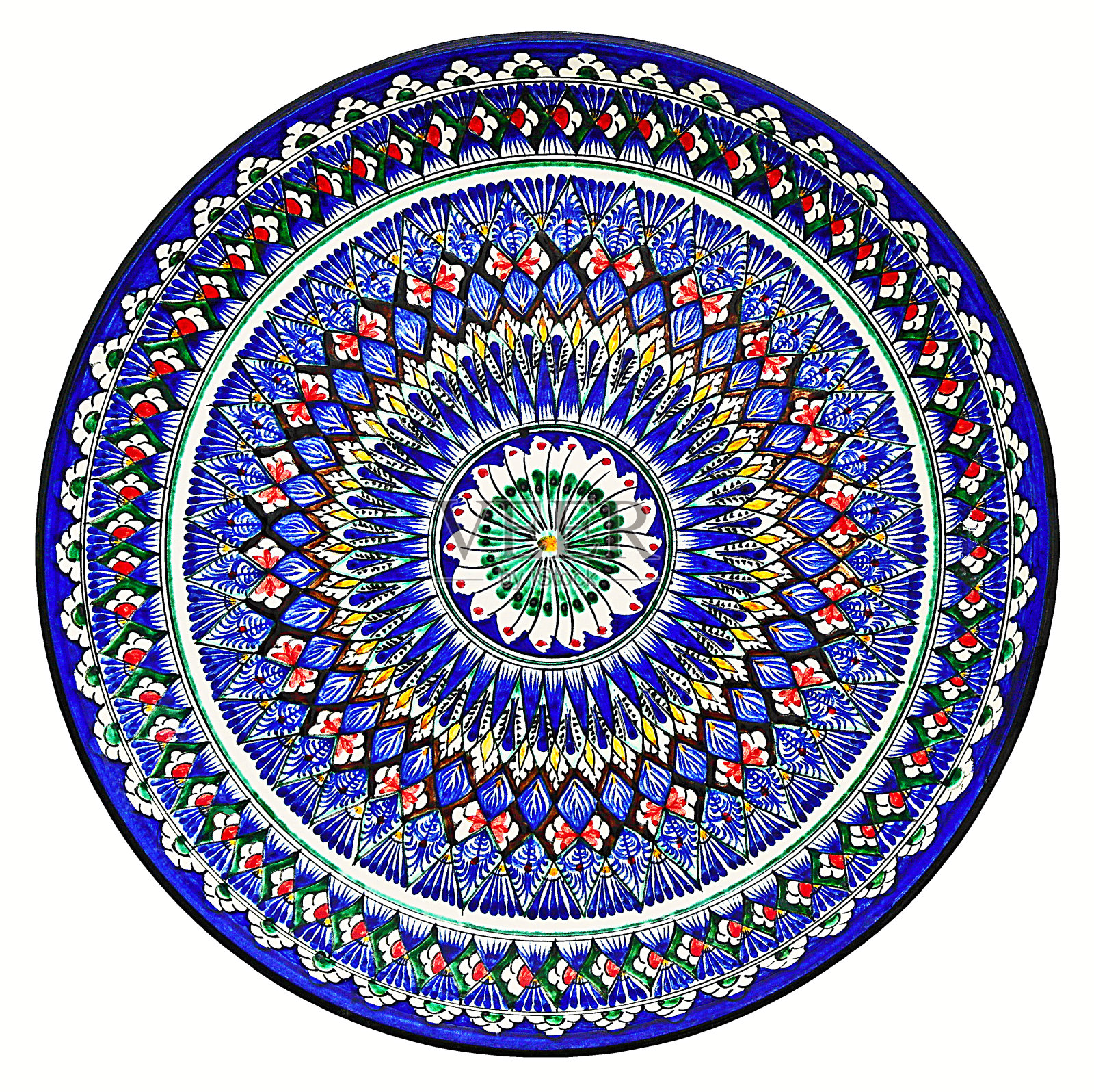 盘子色彩鲜艳，有蓝红色的东方图案和装饰品。照片摄影图片