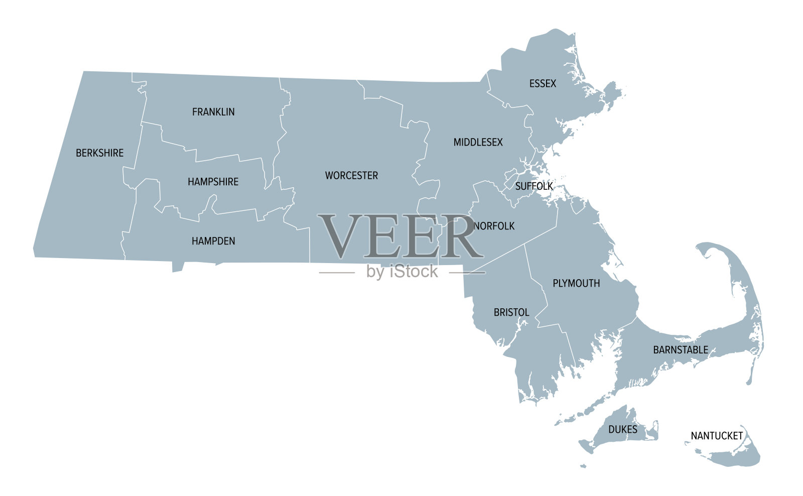 美国马萨诸塞州，州分14个县，灰色政治地图插画图片素材