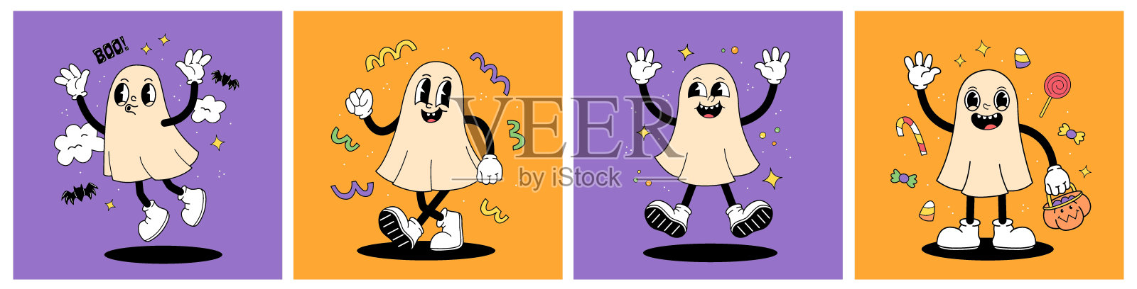 一套万圣节海报或贺卡与鬼在一个卡通复古的groovy风格。万圣节贺卡收藏。矢量插图。插画图片素材