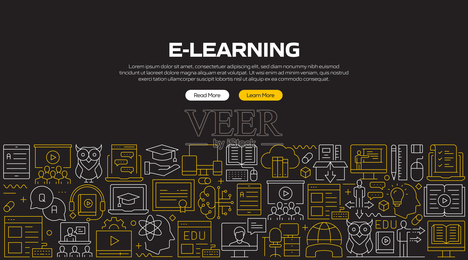 电子学习相关的线条风格横幅设计网页，标题，小册子，年度报告和书籍封面插画图片素材