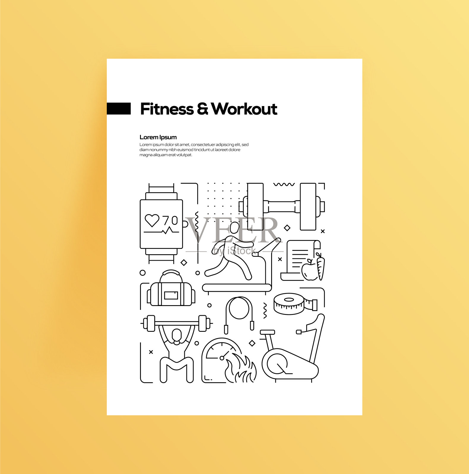 健身和锻炼相关的线条风格横幅设计的网页，标题，小册子，年度报告和书籍封面插画图片素材