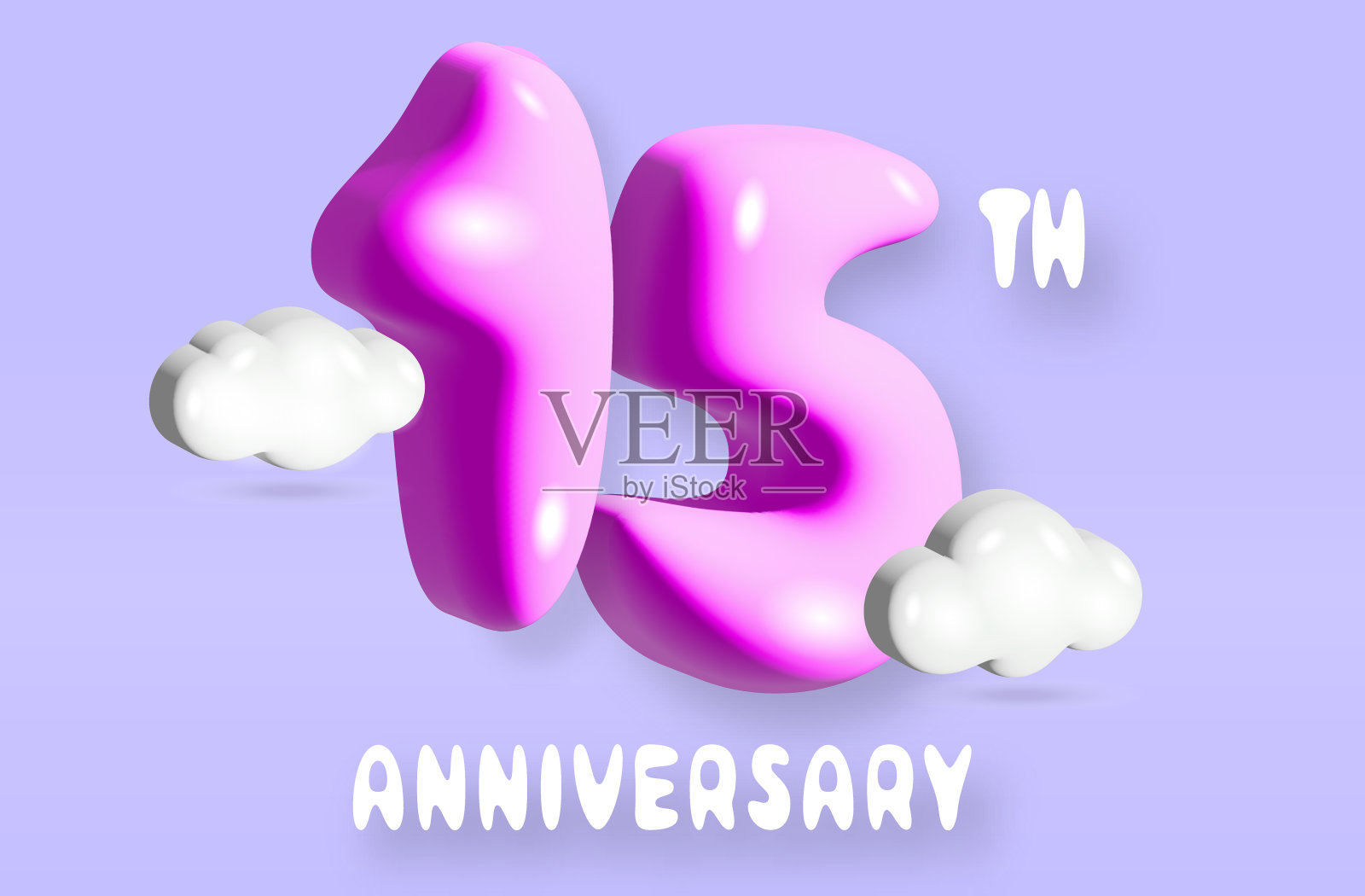 复古可爱的3D膨胀数字15周年设计模板与柔和的颜色和云插画图片素材