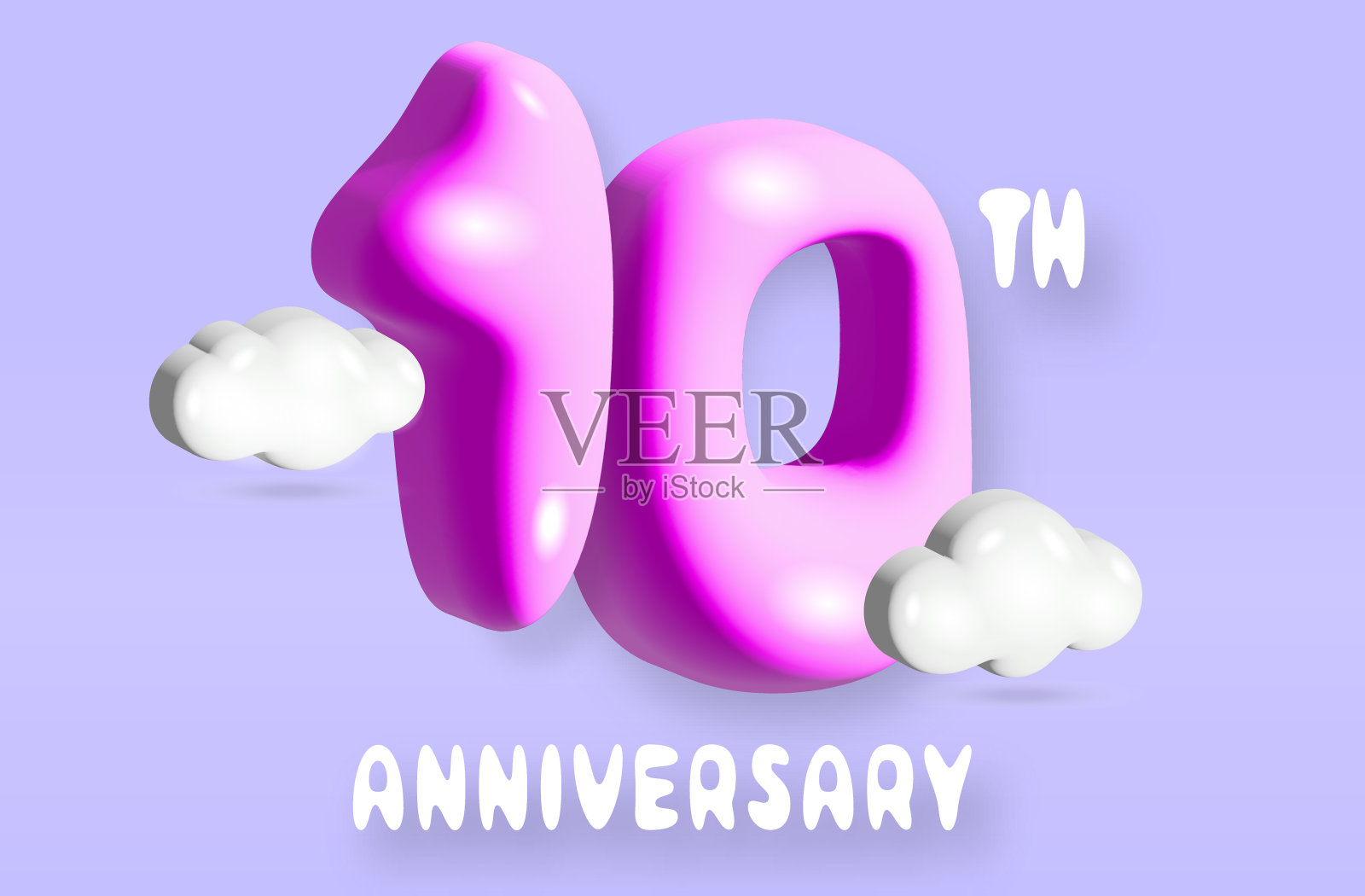 复古可爱的3D膨胀数字十周年设计模板与柔和的颜色和云插画图片素材