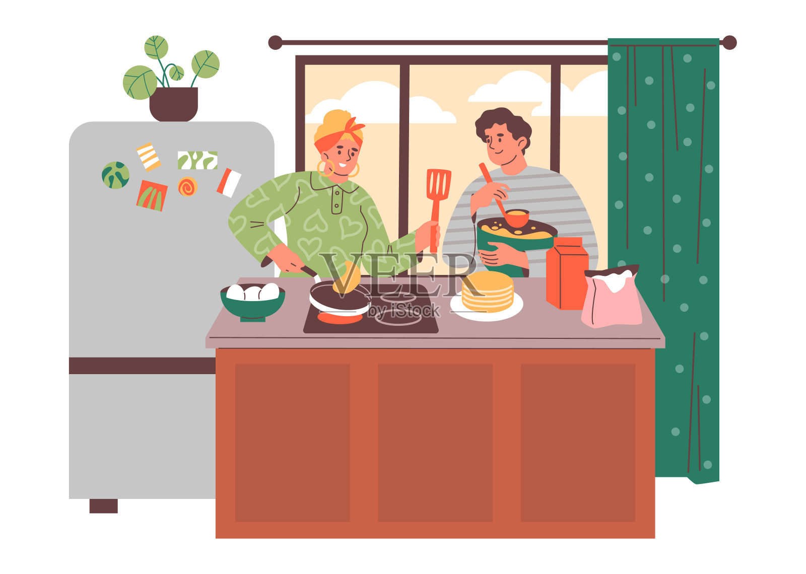 一家人一起做煎饼的矢量。平的风格。插画图片素材