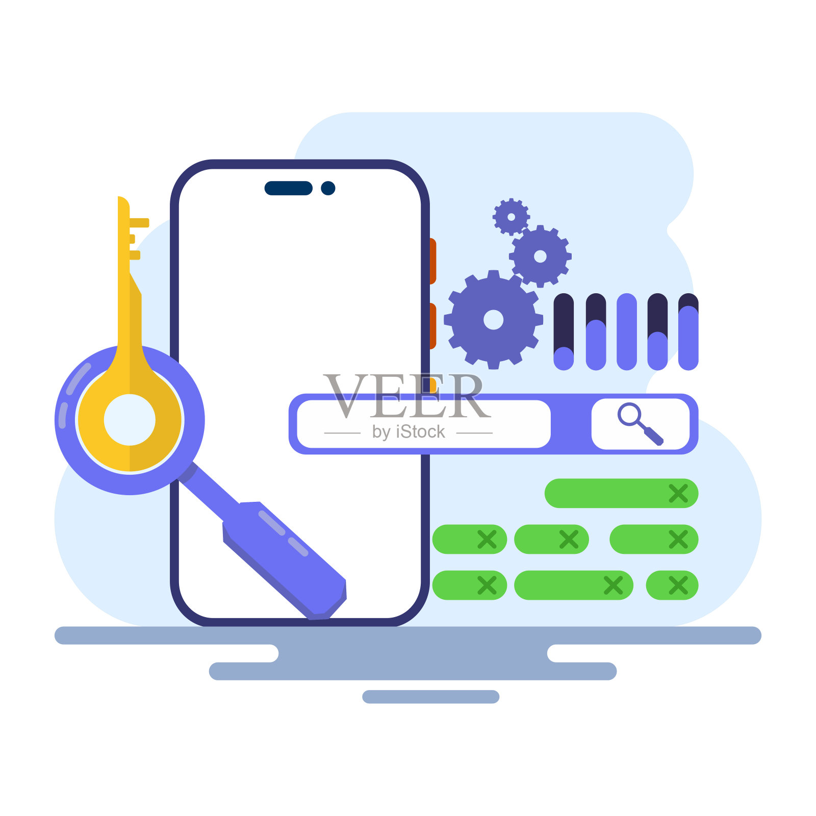 关键词分析报告概念，最常搜索关键词排名。SEO关键词主导搜索引擎结果页面，关键词研究，SEO报告，矢量插图与图标。插画图片素材