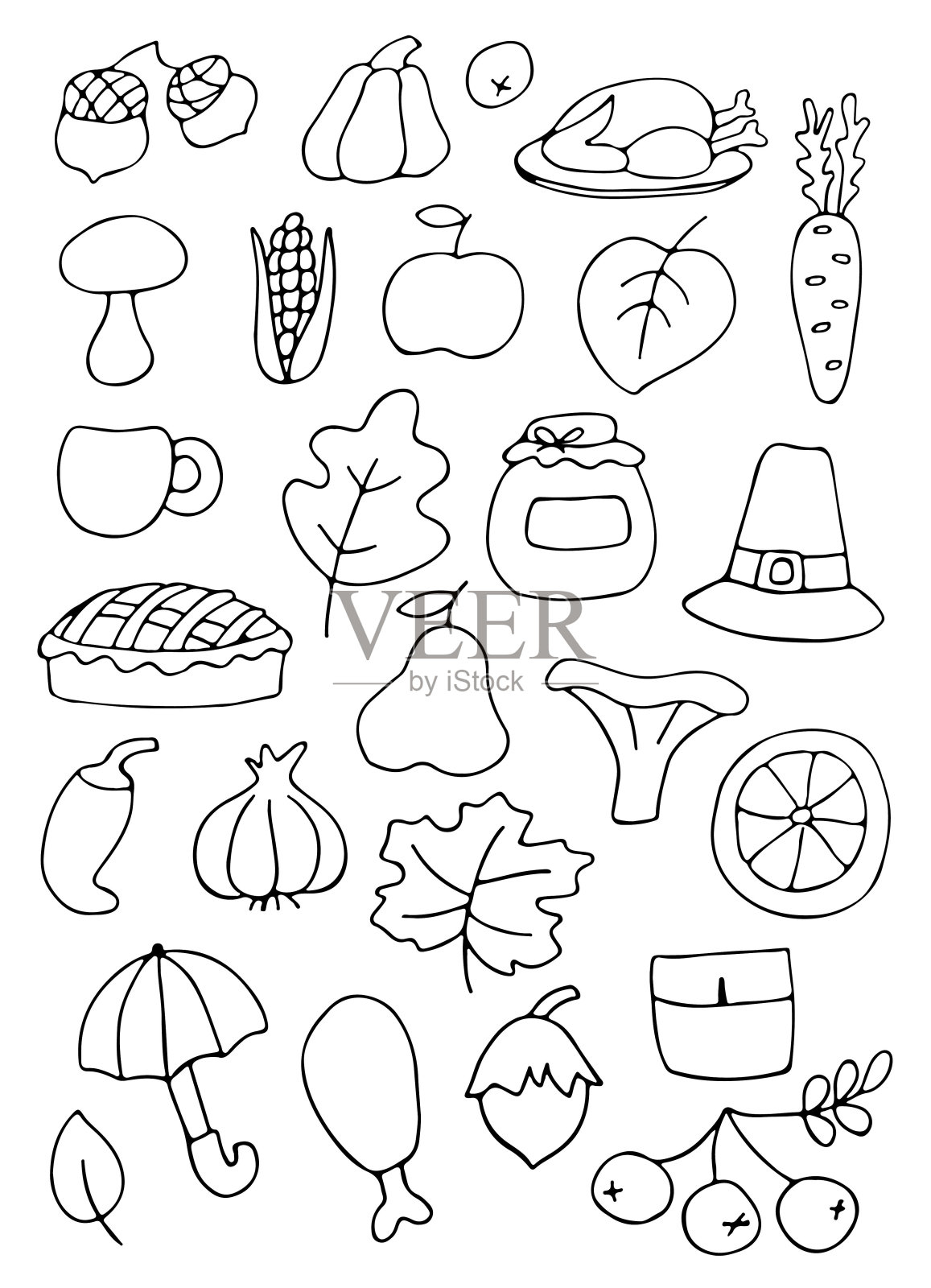 收集秋季项目孤立在白色背景。秋天的衣服、树叶、云彩、馅饼、南瓜、雨伞、杯子、紫菀。着色。矢量插图。插画图片素材