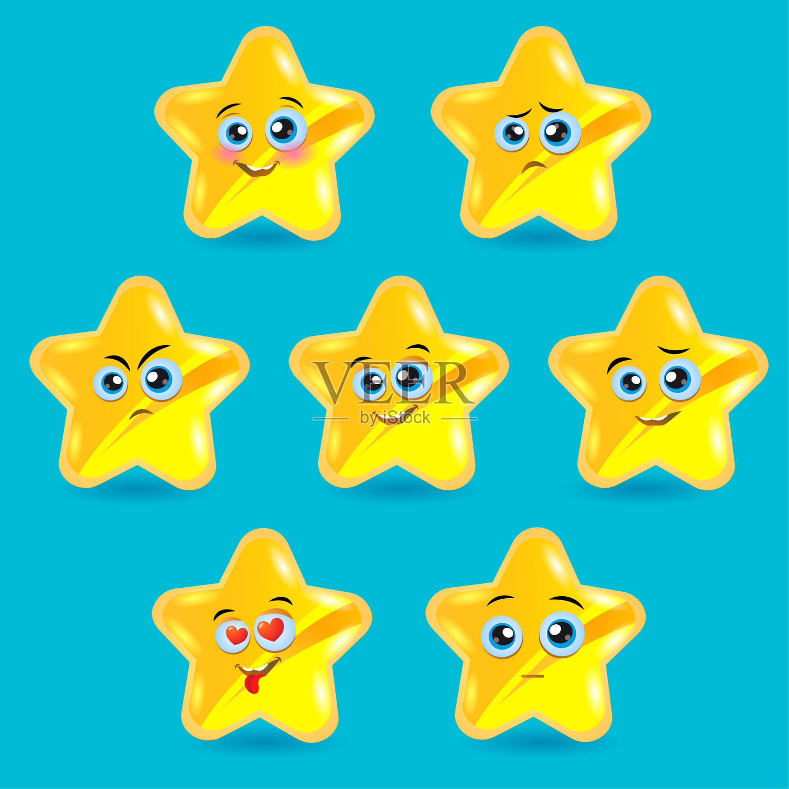 有趣的卡通明星人物情感集，矢量明星图标。可爱的卡通明星表情包。矢量收集不同的表情符号。插画图片素材