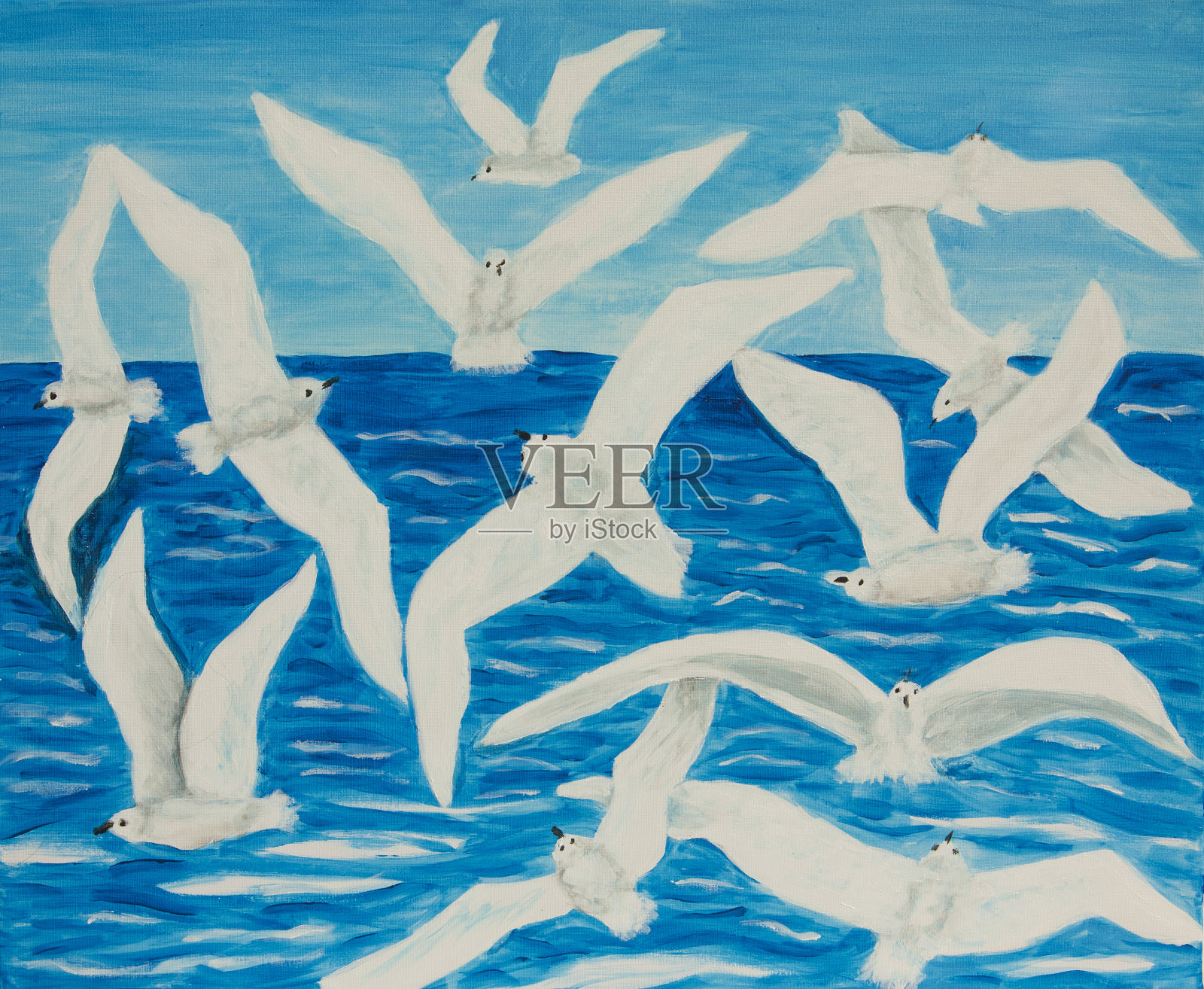 海鸥和海洋丙烯油画帆布插画图片素材