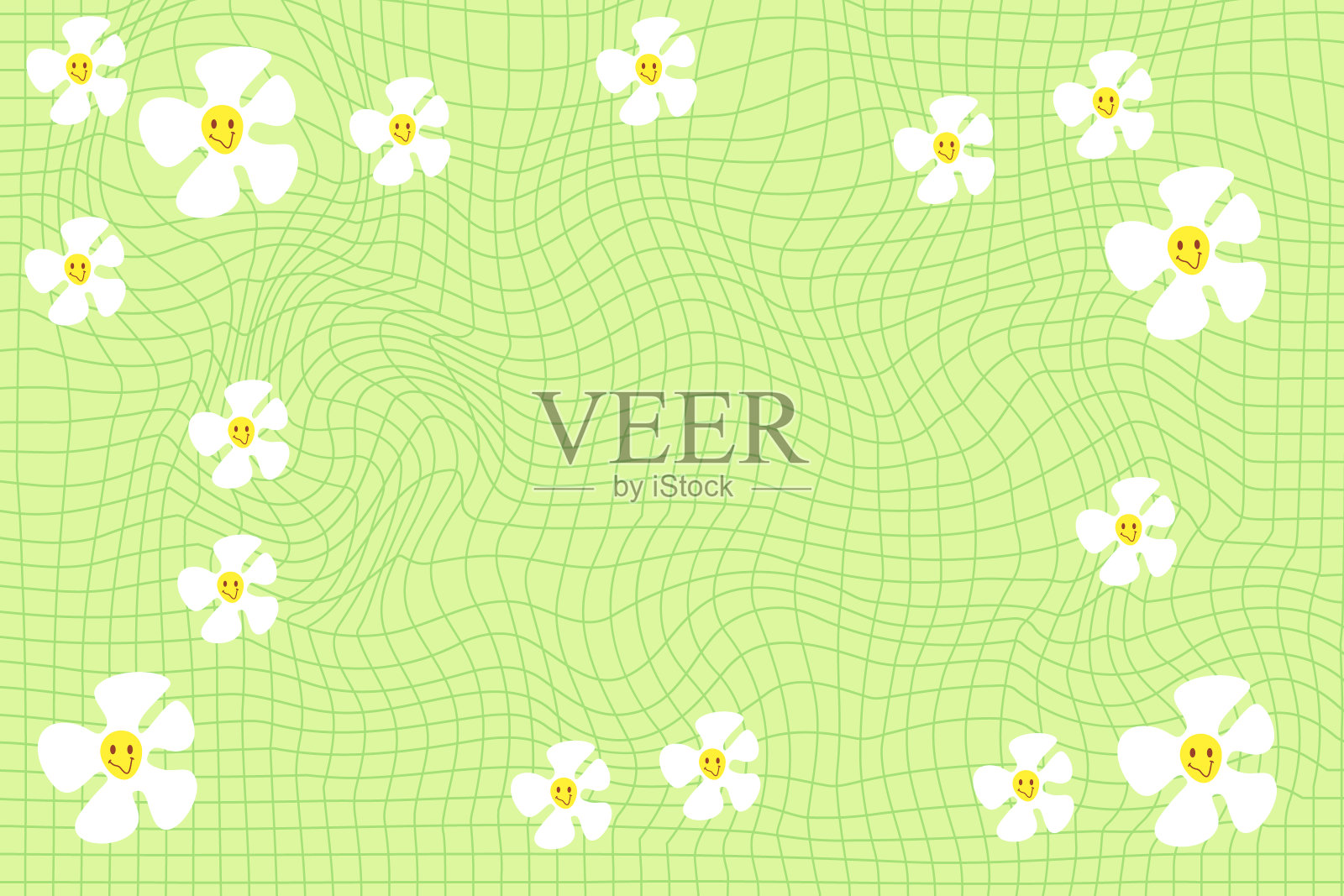 绿色时髦的迷幻棋盘图案与白色雏菊花。插画图片素材