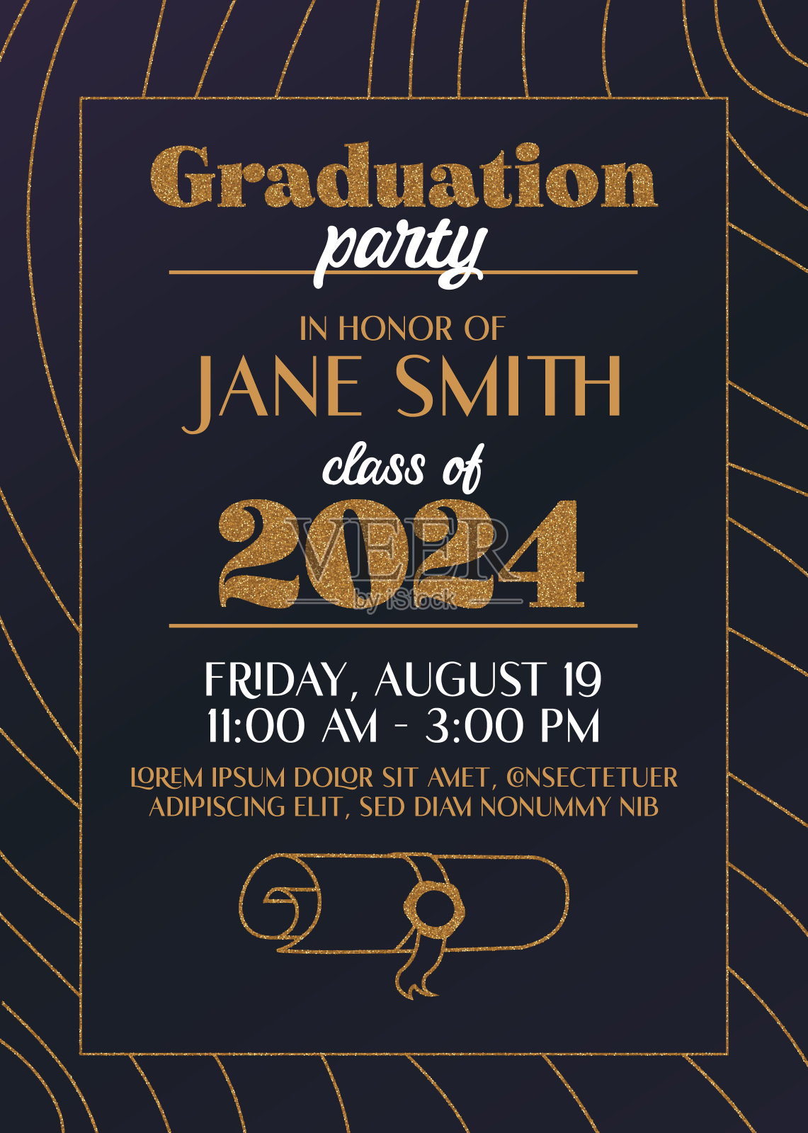 黑色配金色闪闪发光的奢华毕业派对邀请函2024插画图片素材
