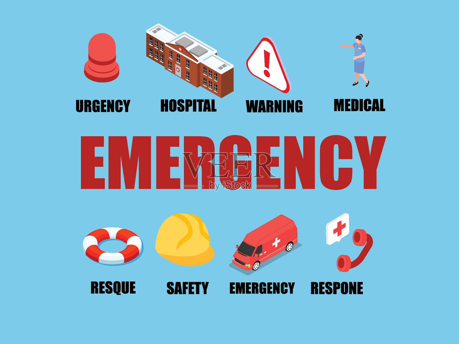 三维等距平面矢量说明应急概念，紧急，警告，救援插画图片素材