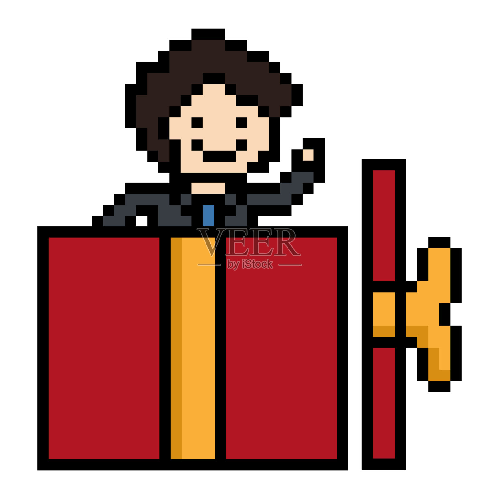 可爱的像素卡通8位人物男人在礼盒生日圣诞奖金奖励惊喜装饰8位男孩给礼盒购物奖金圣诞节游戏向量。插画图片素材