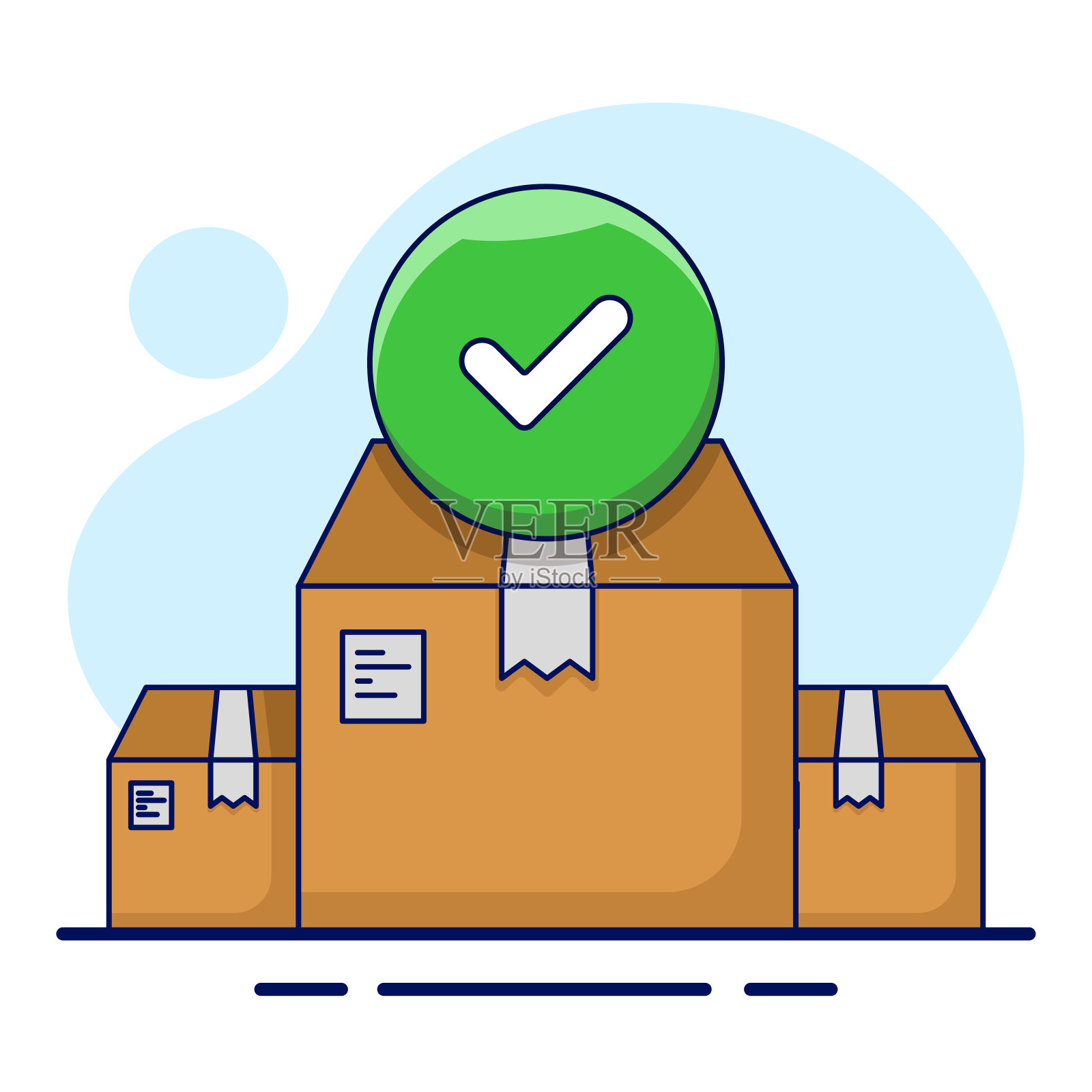 纸箱与复选标记线性图标。订单发送。交付确认。物流配送，订单配送标志矢量图形。背景上的平面矢量插图。插画图片素材