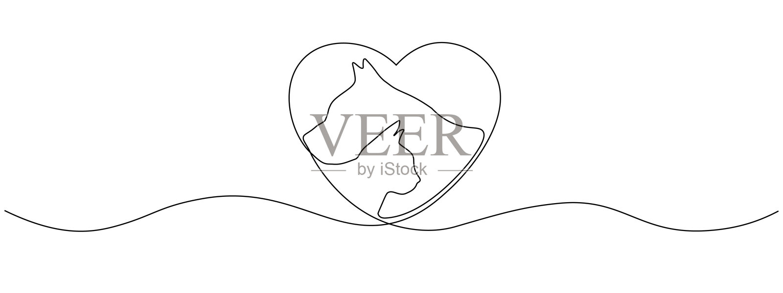 画一只猫和一只狗在一个心框里，用一条连续的线画。单线设计，美观的宠物脸，兽医诊所。爱护动物的观念。矢量编辑插图。插画图片素材