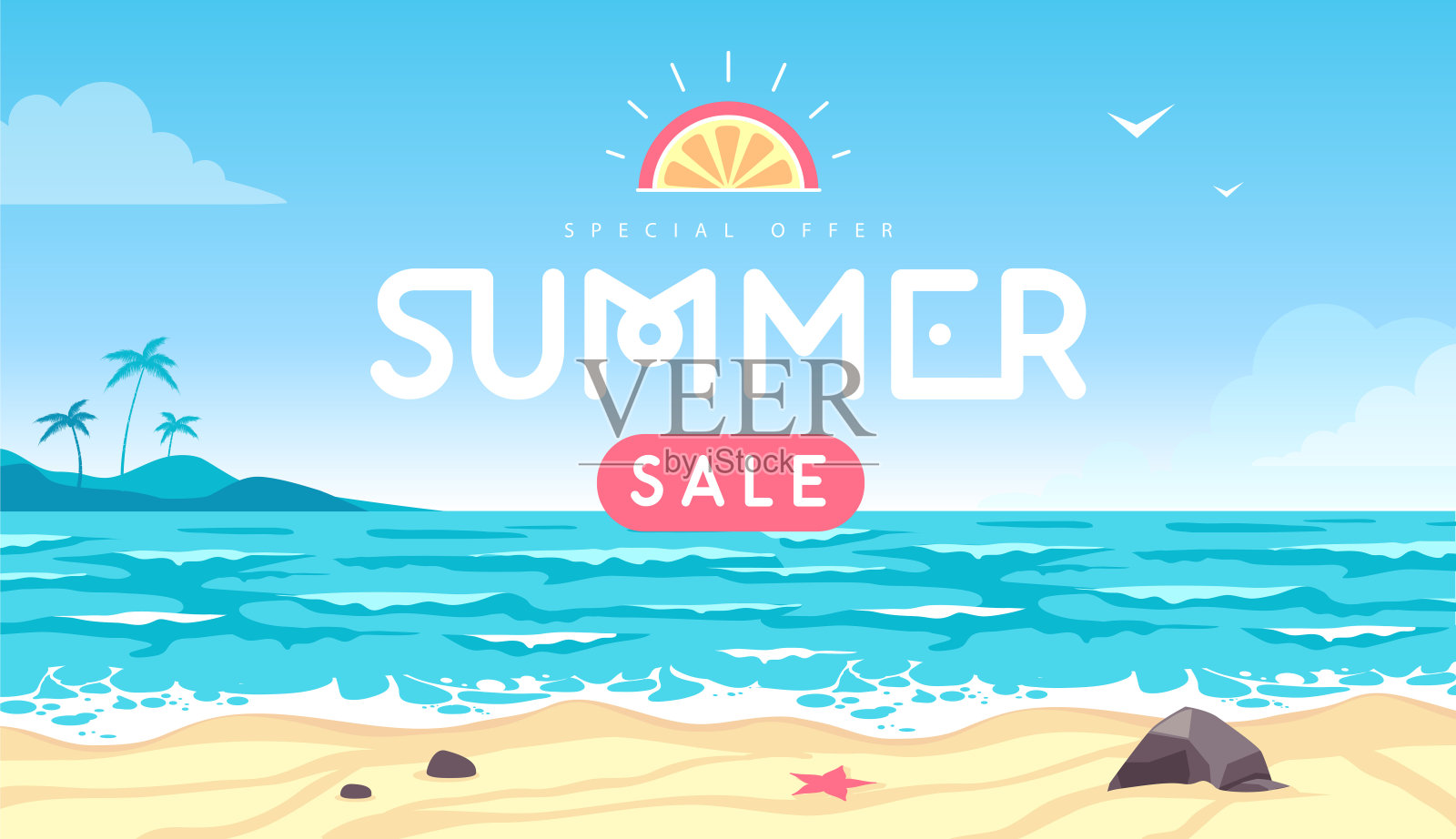 夏季大甩卖横幅或海报，热带景观，海浪，沙滩和棕榈树。矢量图插画图片素材