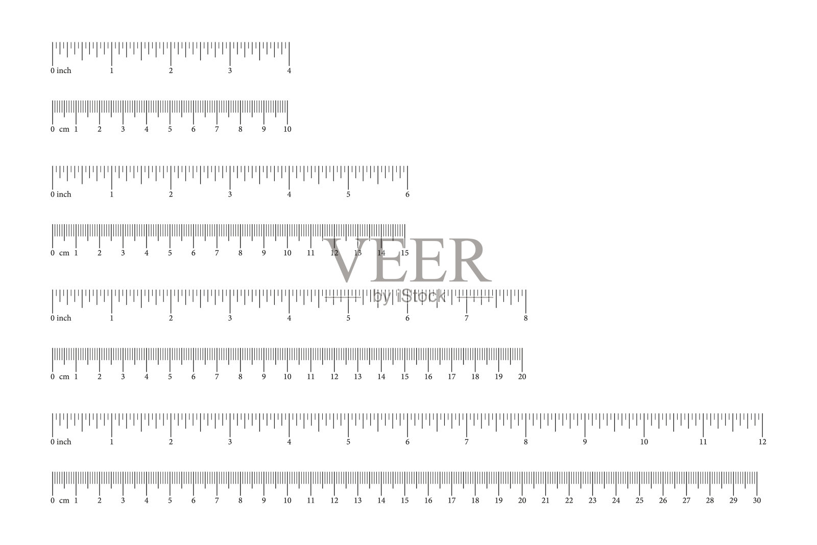 一套标尺，标尺有10、15、20、30厘米、4、6、8、12英寸，带有标记和数字。公制计量图表，英制单位。距离，高度，长度测量，缝纫工具模板。插画图片素材