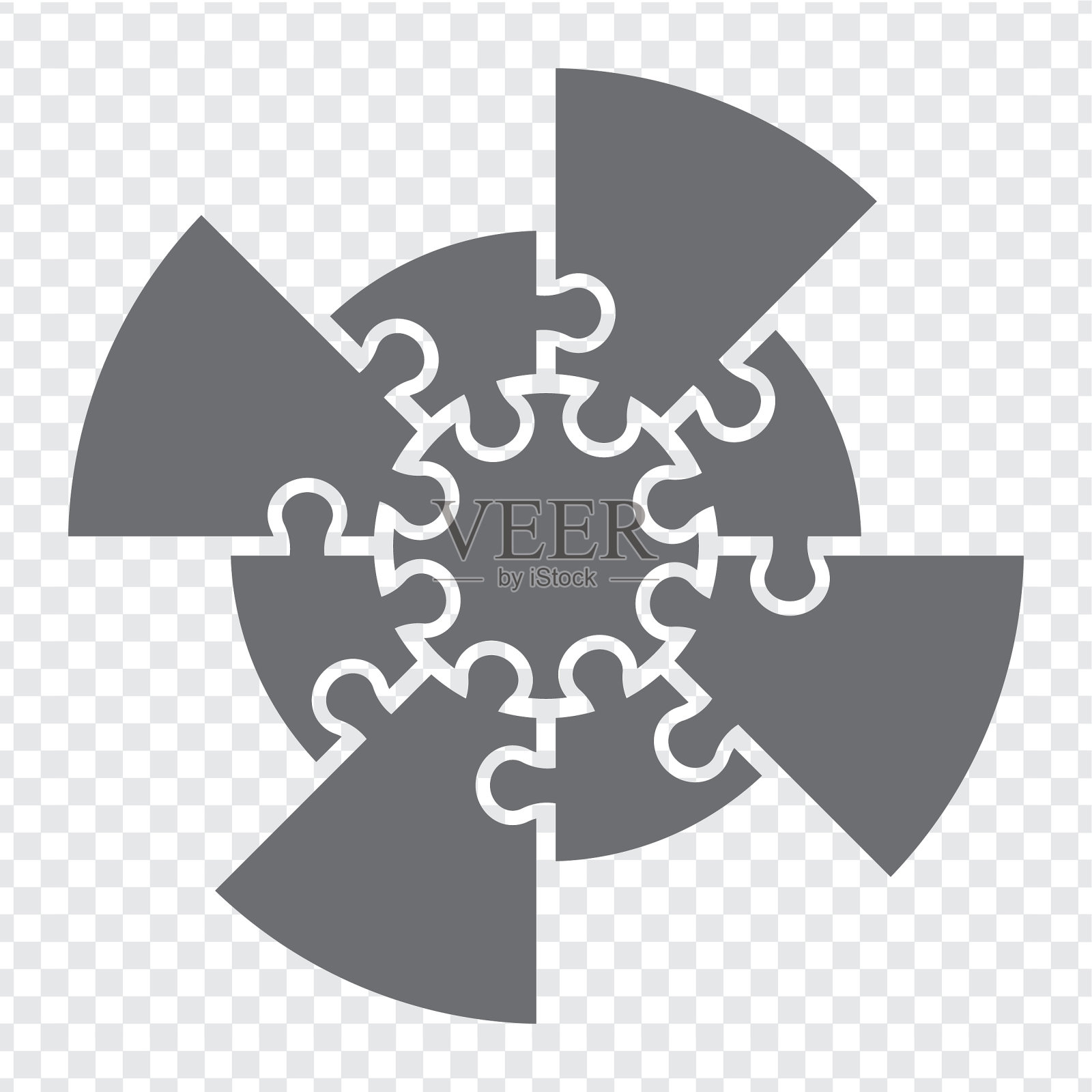 在灰色的圆圈拼图的简单图标。简单的图标拼图的八个元素和中心的透明背景为您的网站设计，标志，应用程序，用户界面。EPS10。插画图片素材