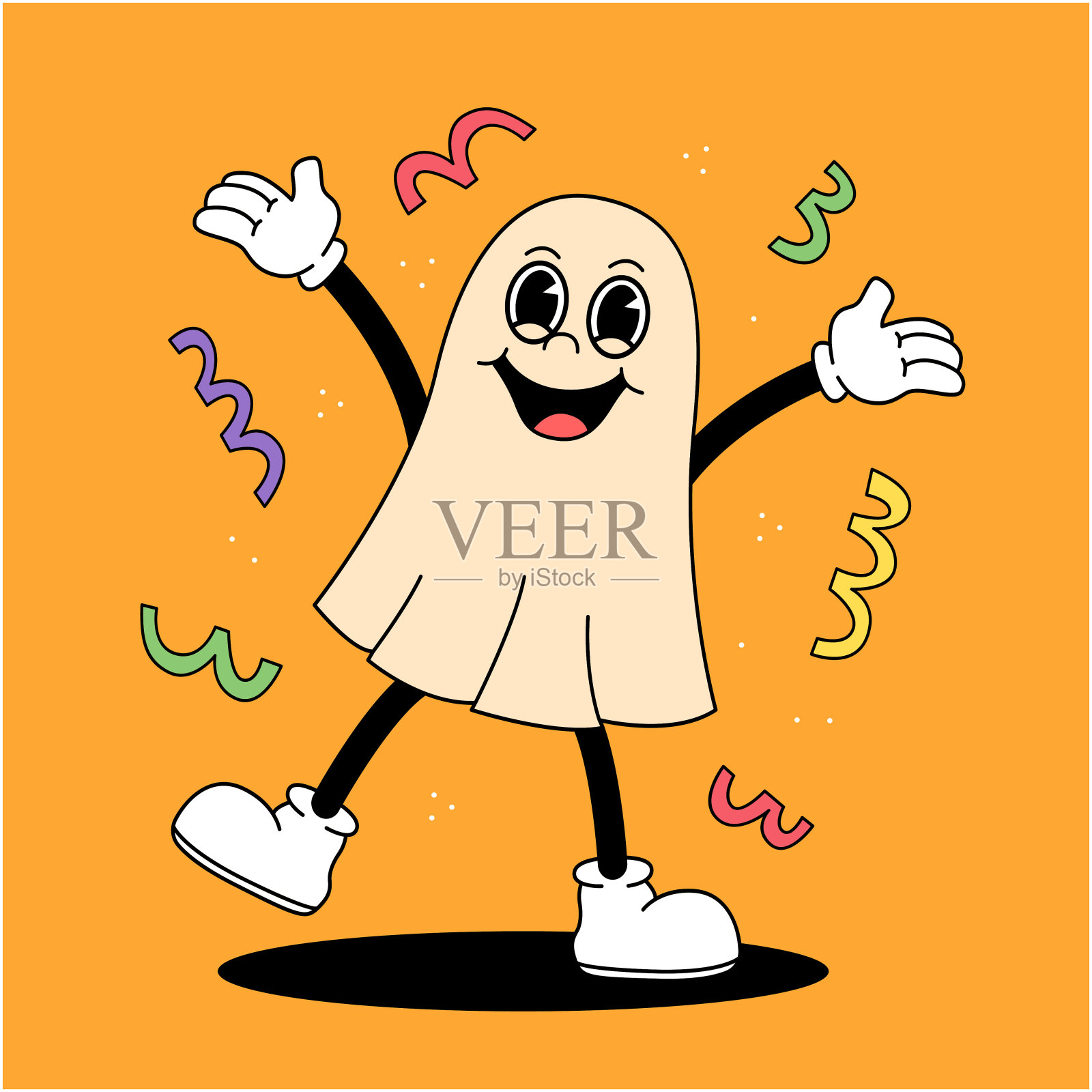 快乐的幽灵在一个卡通复古槽风格上的黄橙色背景。万圣节贺卡海报。插画图片素材