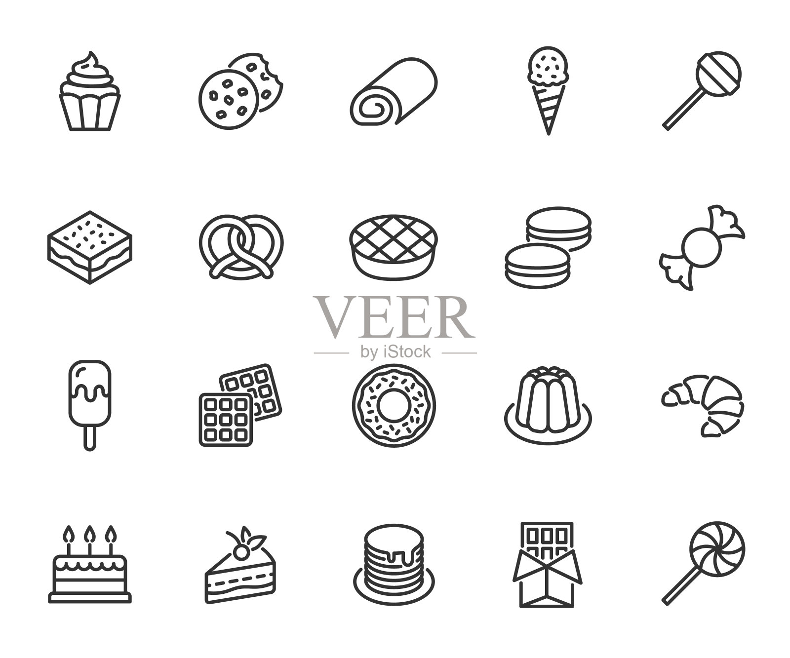 矢量集的甜点线图标。包含图标蛋糕，华夫饼，饼干，椒盐卷饼，煎饼，甜甜圈，派，纸杯蛋糕，糖果和更多。像素完美。插画图片素材
