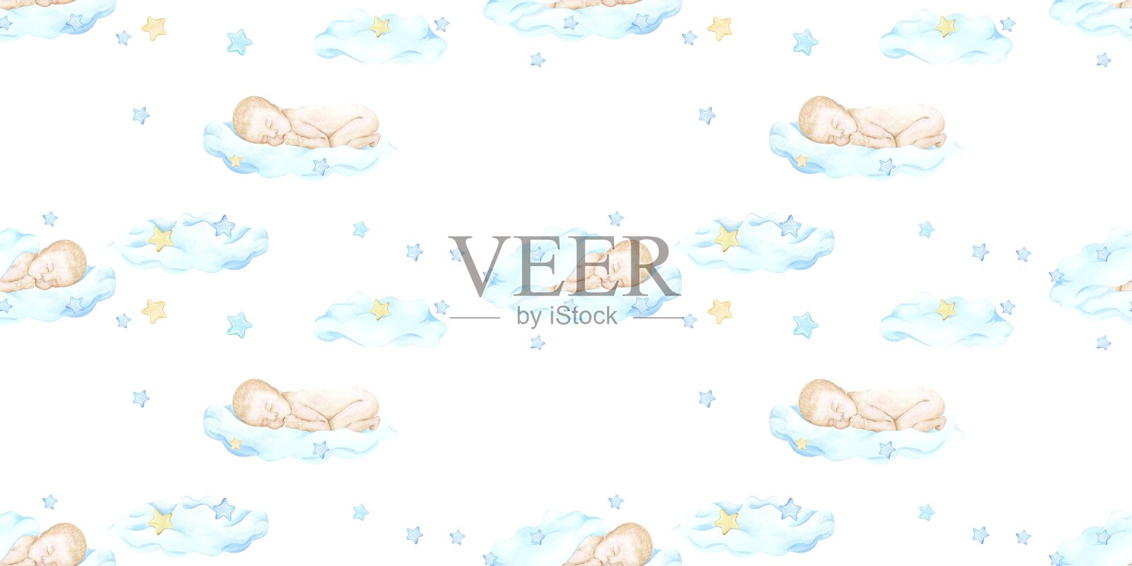 无缝水彩图案睡觉宝贝，好梦，晚安。可爱的宝贝睡着了，甜甜的梦宝贝，晚安。蓝色的云，星星。为婴儿派对、生日设计。没完没了的背景。插画图片素材