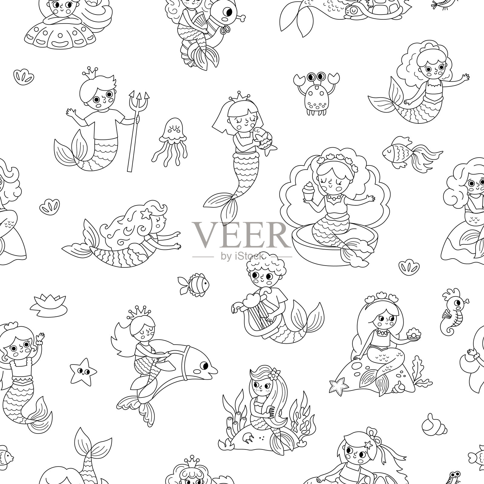 矢量黑色和白色美人鱼无缝图案。海底王国线重复背景与海洋公主，王子。卡通海洋童话纹理的孩子。水上冒险涂色页插画图片素材