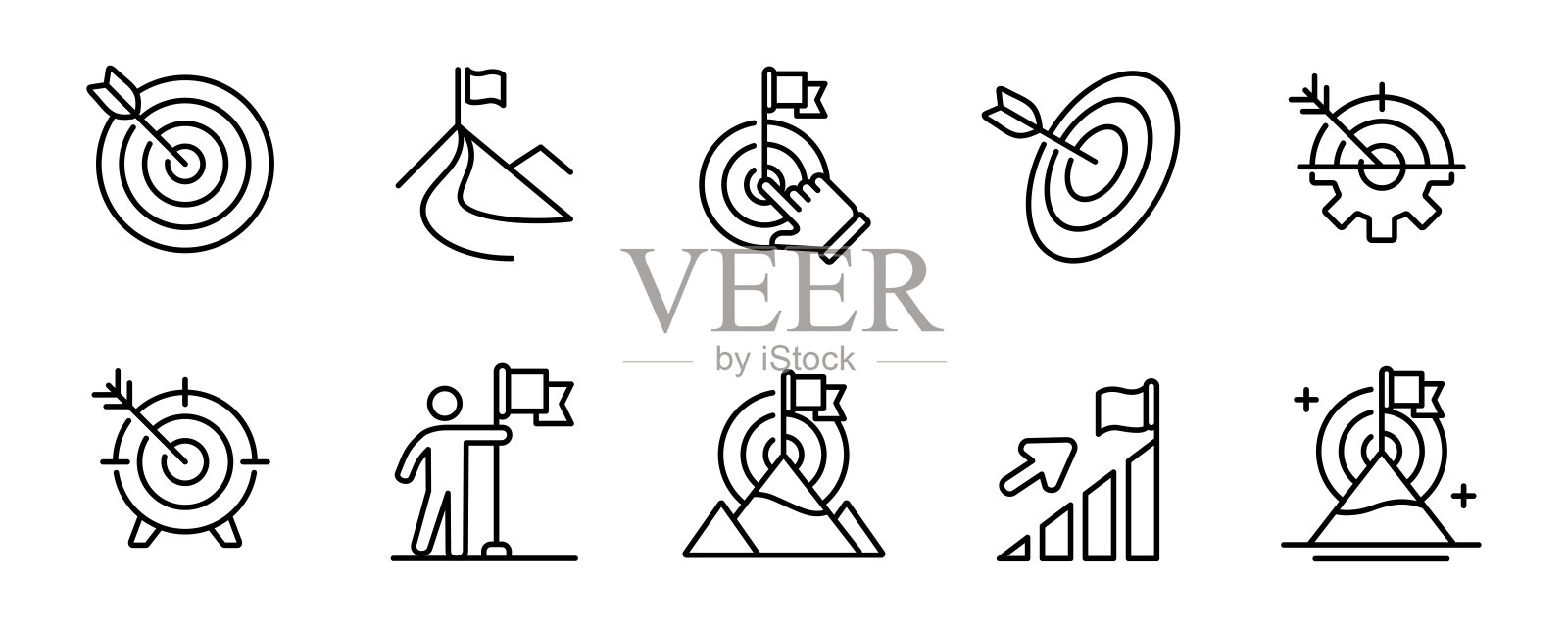 目标任务图标设置目标箭头瞄准和山峰矢量线插图。业务挑战客观成功的表现符号集合为web和应用程序插画图片素材