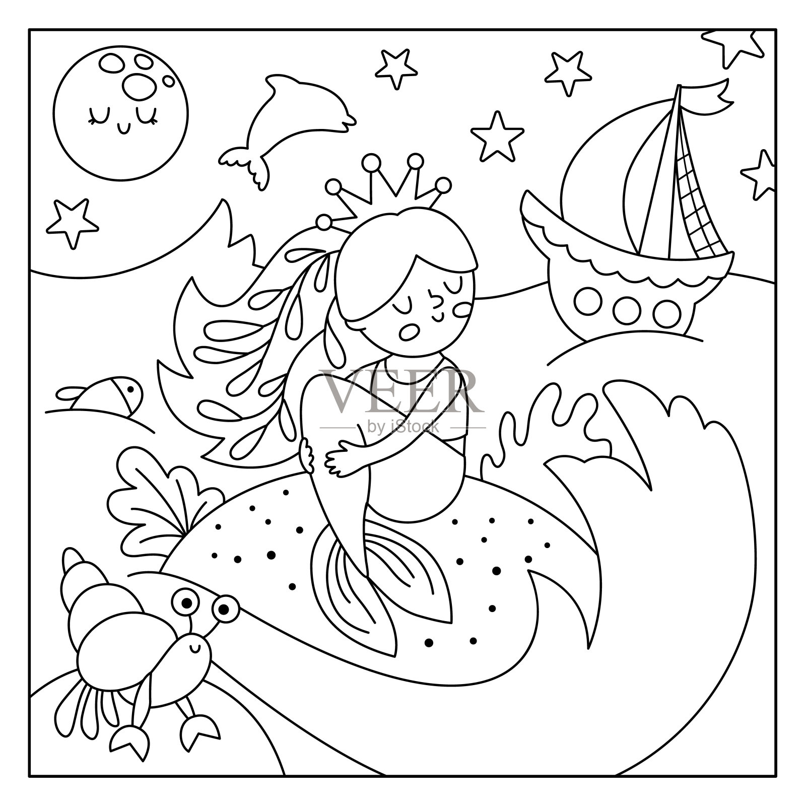 矢量黑白景观插图与美人鱼，夜空，船在海浪。海线场景与海洋公主坐在沙岛上。方形童话儿童涂色页插画图片素材