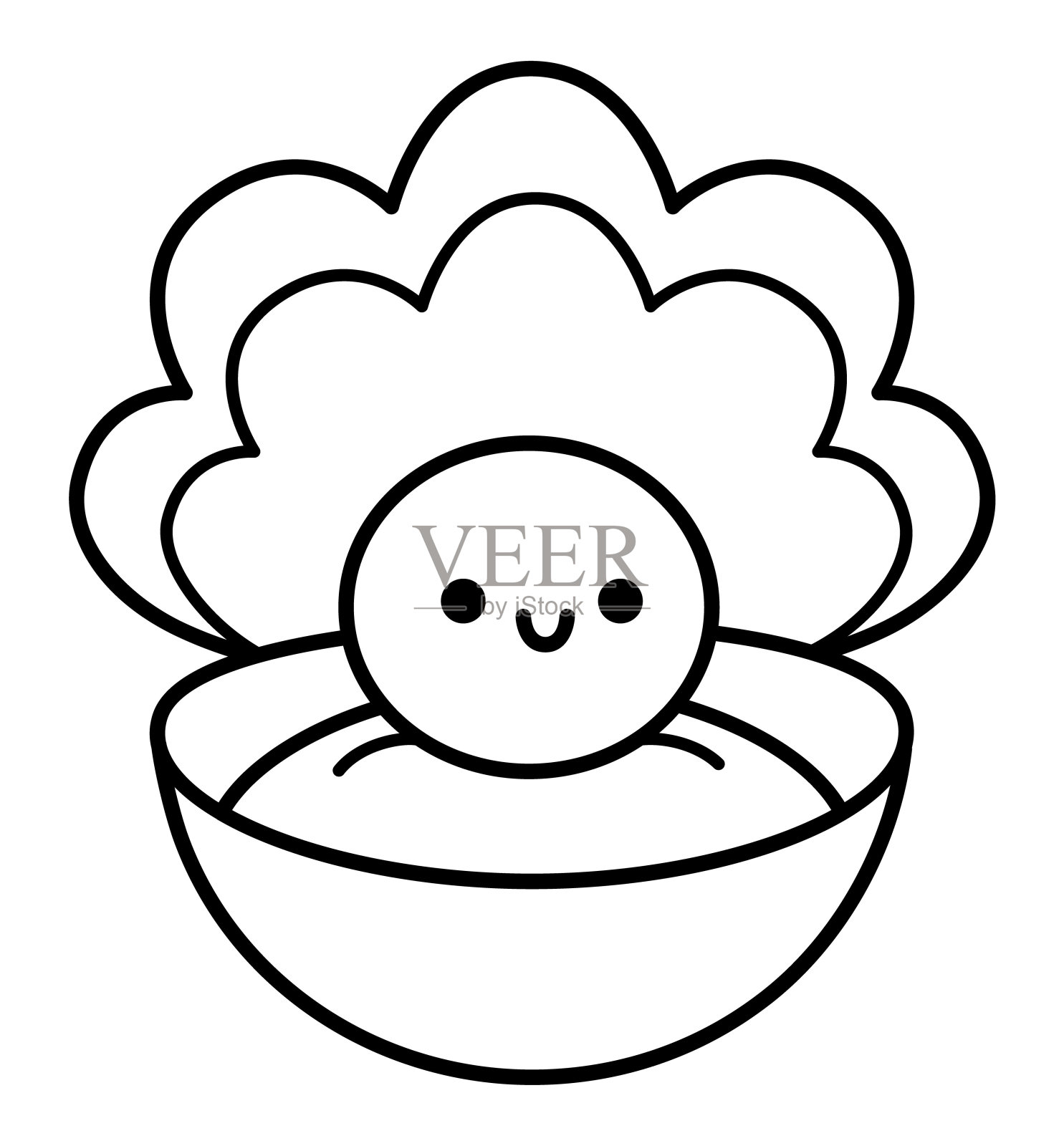 矢量黑色和白色微笑珍珠在壳孤立的白色背景。美丽的卡哇伊海珠宝图标。宝石线条插图或着色页。美人鱼配饰图插画图片素材