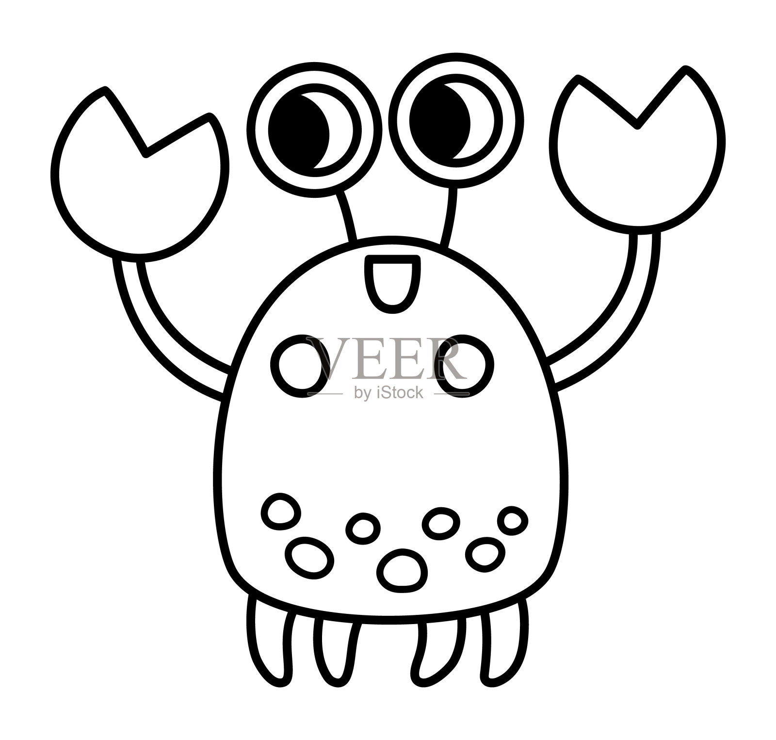 矢量黑色和白色的螃蟹图标。下面的海线插图与可爱有趣的海洋动物。卡通水下，海洋或美人鱼剪贴画或儿童着色页插画图片素材