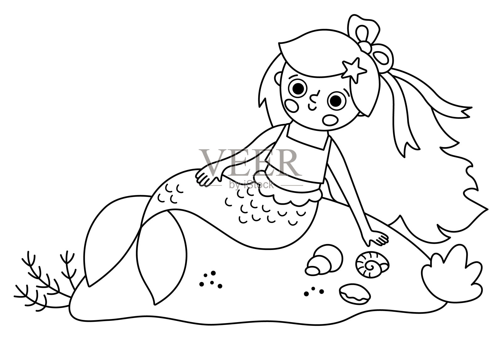 童话黑白矢量美人鱼坐在岩石与贝壳。幻想鱼女孩孤立在白色背景。童话般的海公主。可爱的海妖着色页。水下线路图标插画图片素材