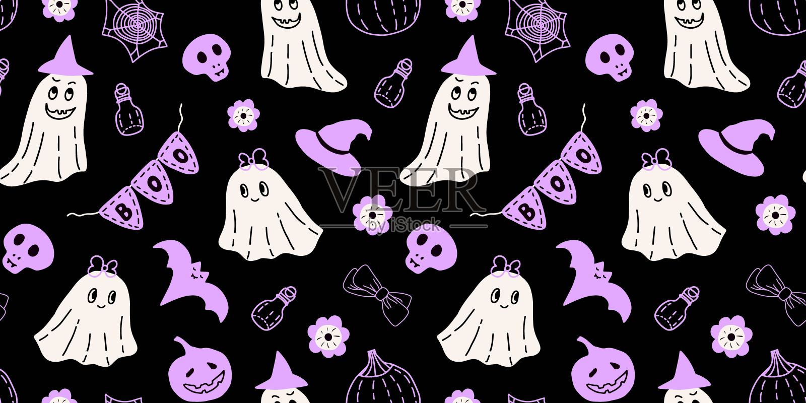 万圣节无缝图案与可爱的鬼魂，女巫帽，狩猎，南瓜，蝙蝠，头骨，花，弓，蜘蛛网和药水。矢量插图在紫色，黑色和白色的颜色。插画图片素材