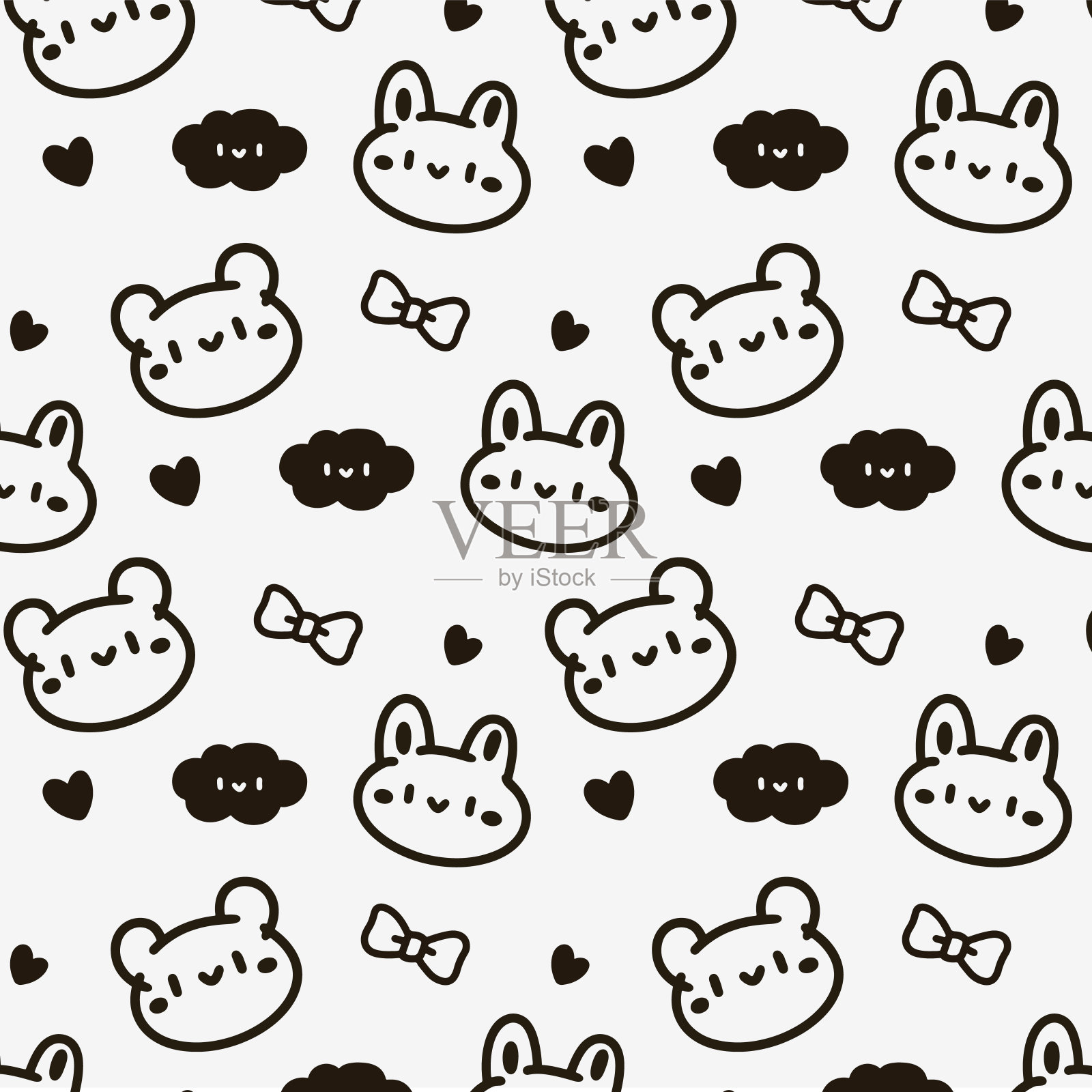黑白可爱的动物图案与心和云。插画图片素材