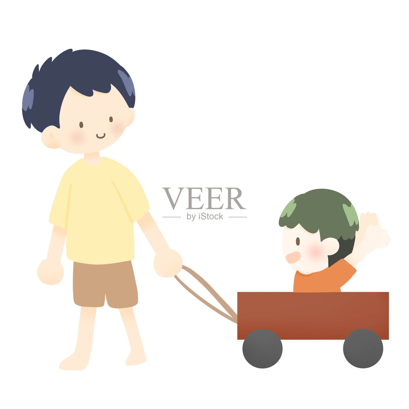 卡通男孩用马车拉着他的弟弟插画图片素材