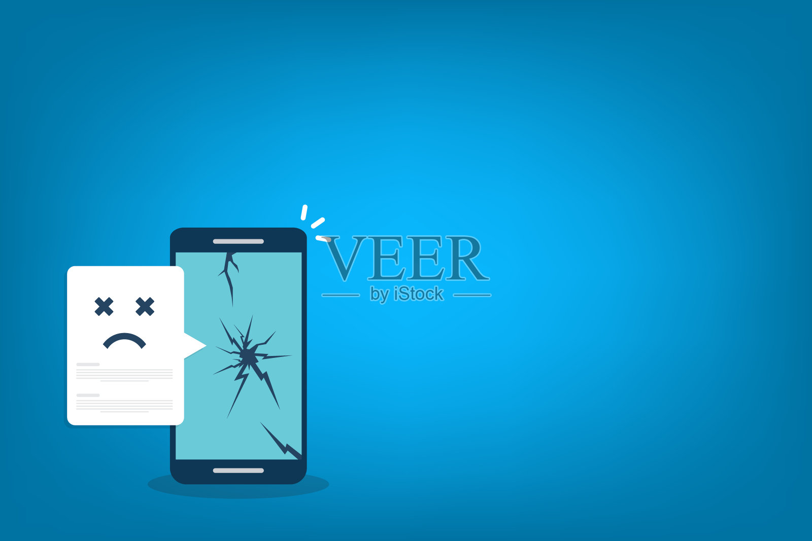 坏掉的智能手机带着悲伤的微笑。破碎电话服务，恢复和维修的概念，符号顶视图复制空间。插画图片素材