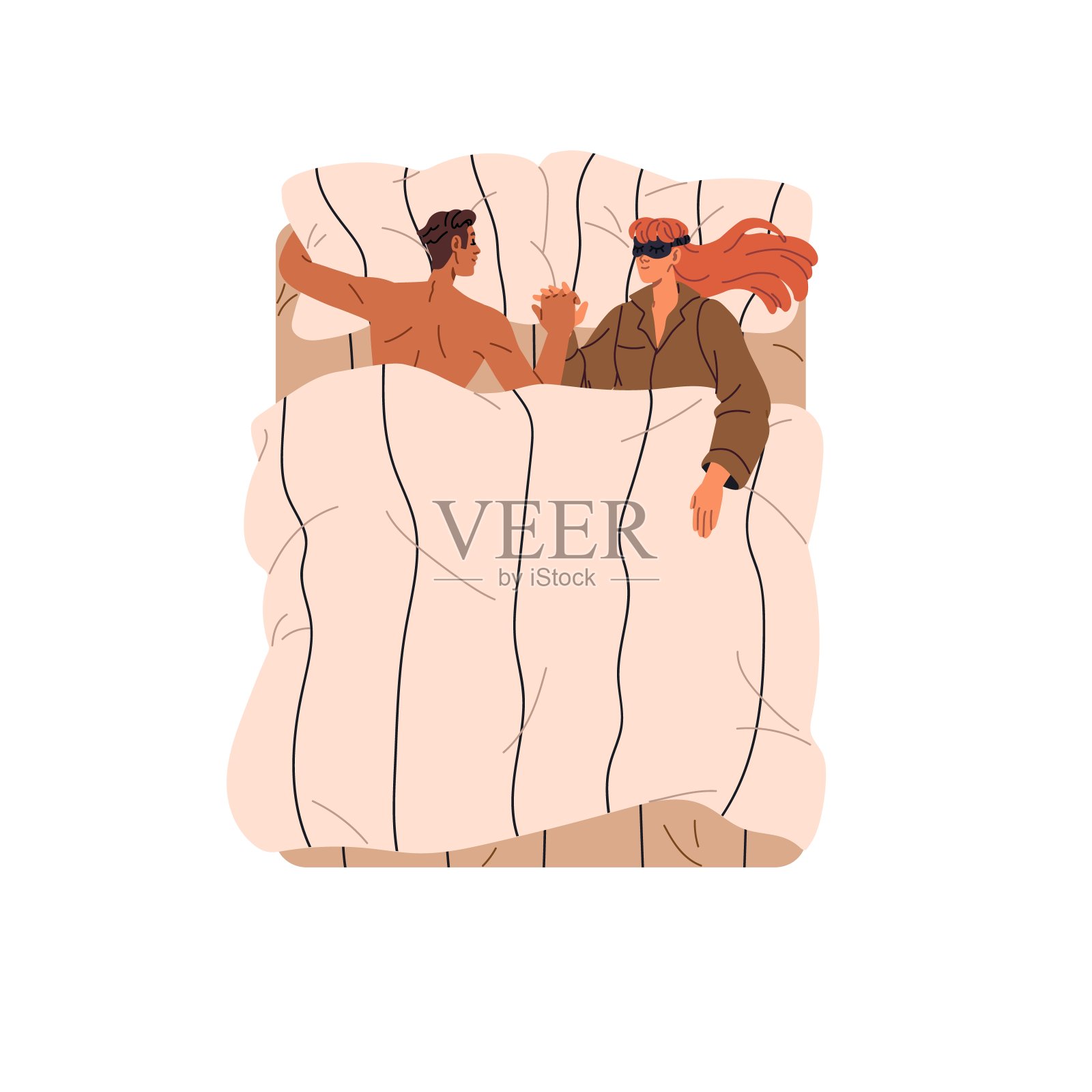 人们一起在床上休息。夫妇在午睡时手牵着手。女孩戴着夜面罩，睡在枕头上。毯子下睡着的女人和男人。平面隔离矢量插图上的白色插画图片素材