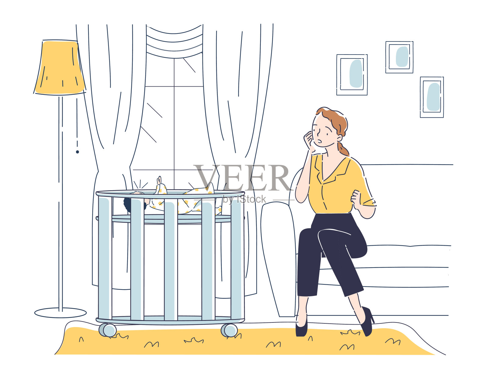 带着孩子的疲惫母亲。悲伤的小女孩看着她哭泣的儿子。抑郁和沮丧，情绪耗尽。产妇产后综合症。线性向量图解插画图片素材