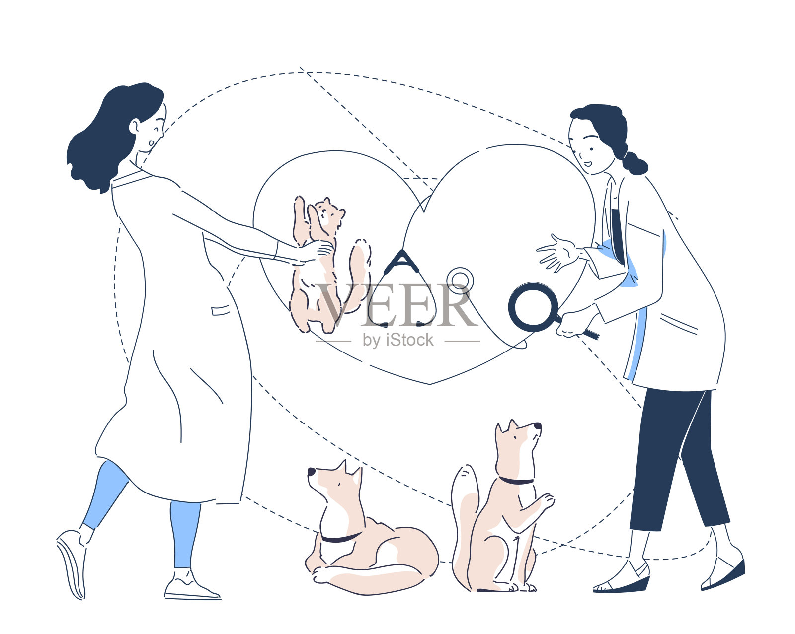 带猫的兽医。穿着医疗制服的妇女拿着放大镜和听诊器分析猫和狗。医疗保健和医药。诊断和治疗。线性向量图解插画图片素材