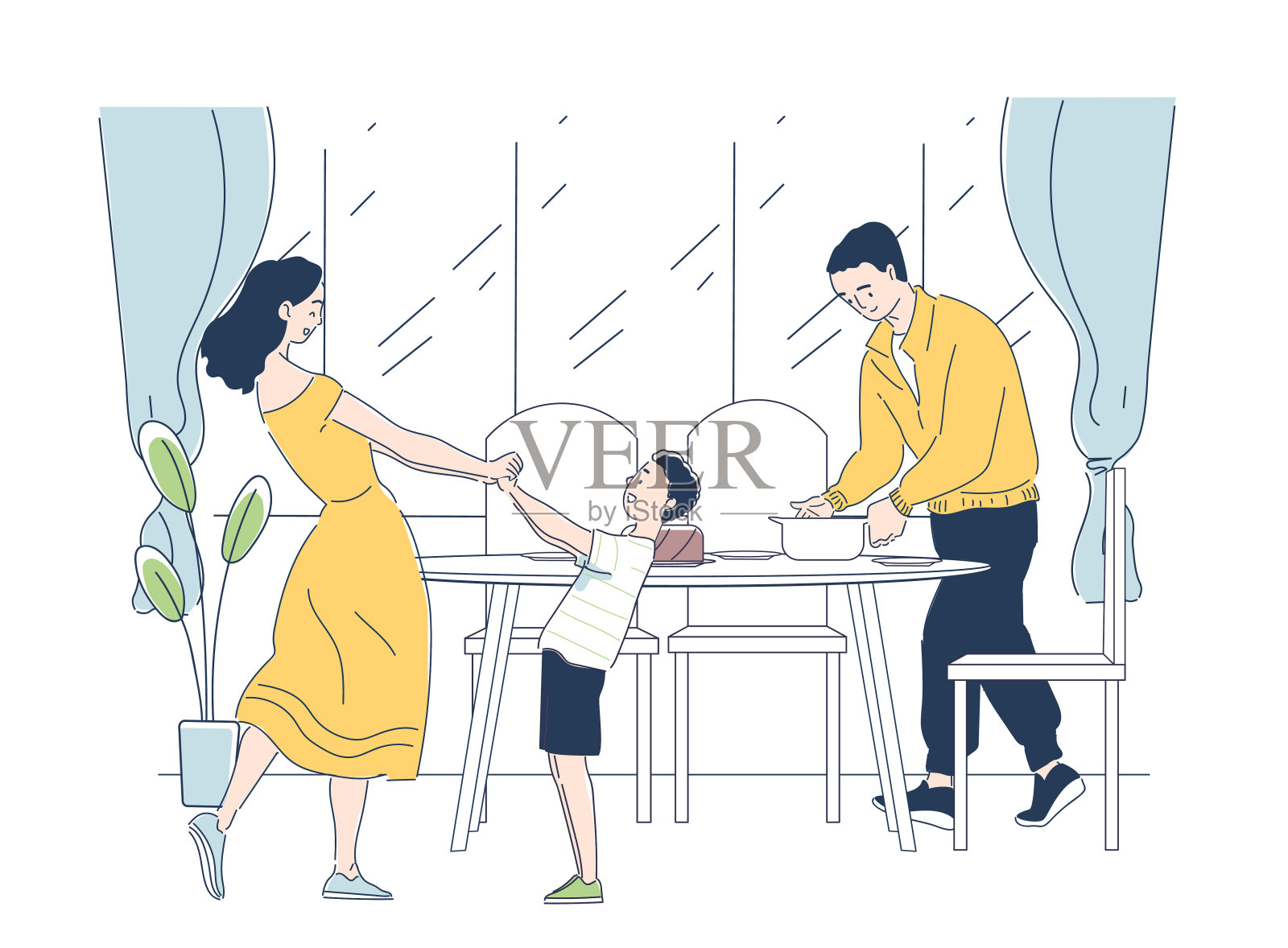 国际家庭日。男人摆桌子，女人陪男孩跳舞。母亲，父亲和儿子正在准备晚餐。传统节日和节日。感恩节。线性向量图解插画图片素材