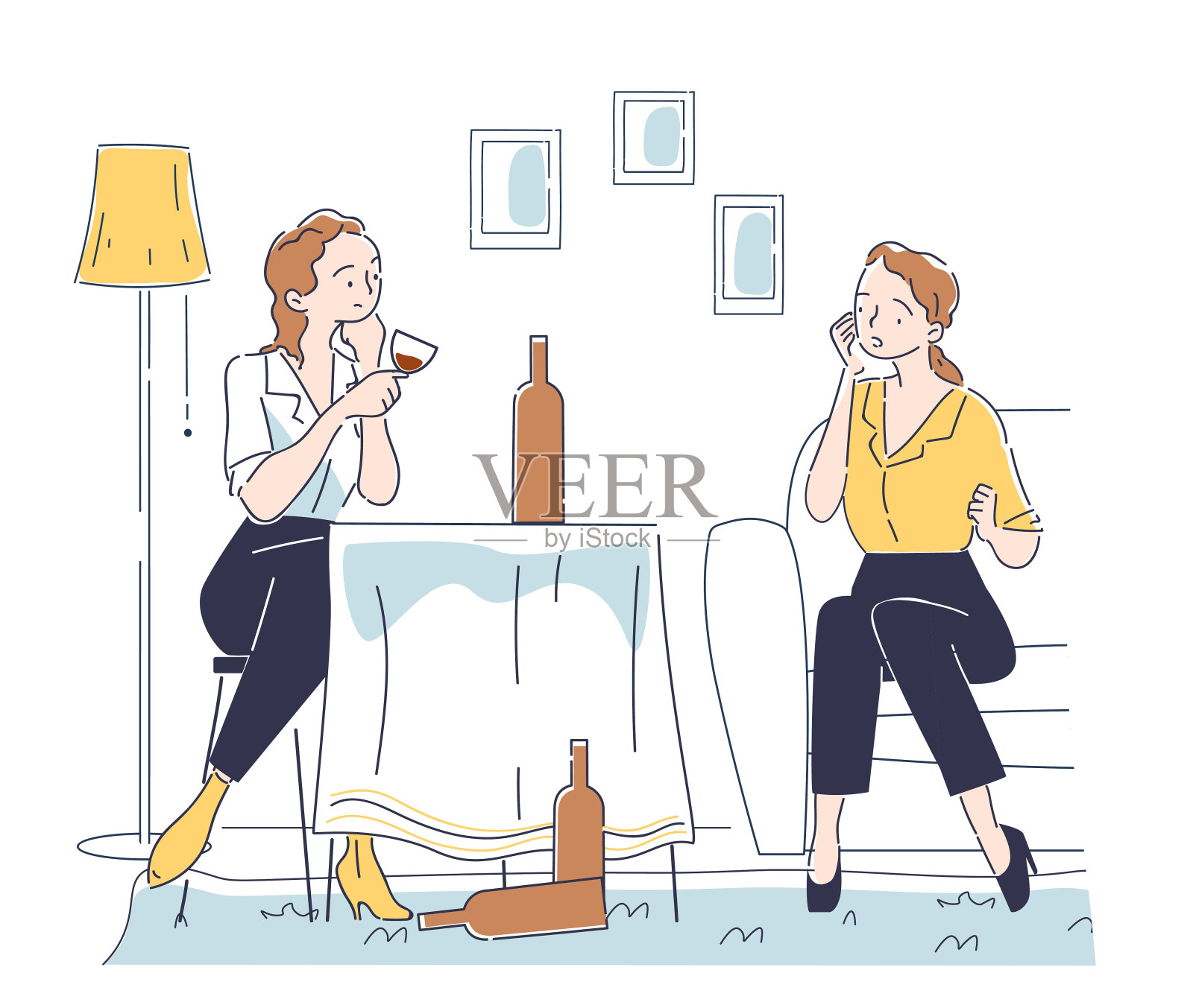 喝酒的女人。年轻女孩坐在厨房里喝着酒。朋友们在室内共度时光。喝香槟的人。线性向量图解插画图片素材