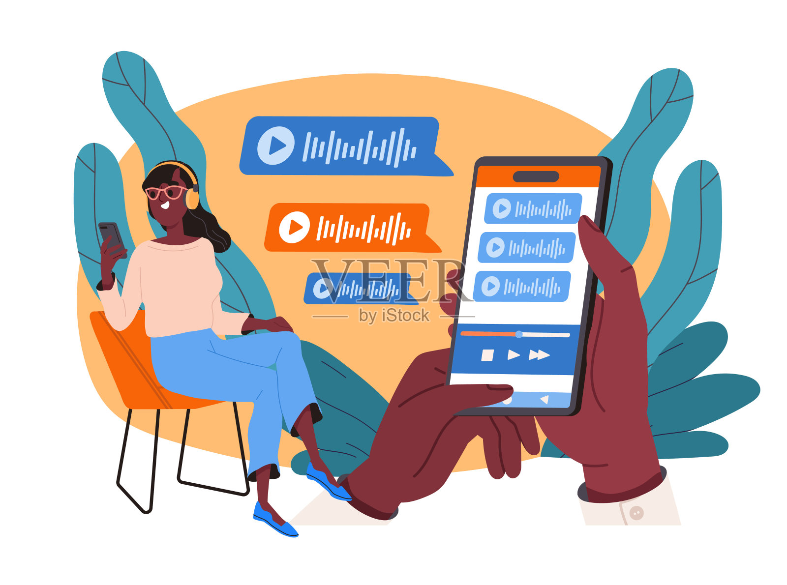 女人听播客。年轻女孩用智能手机和耳机听广播节目，广播或播客。娱乐、娱乐和休闲。平面矢量图插画图片素材