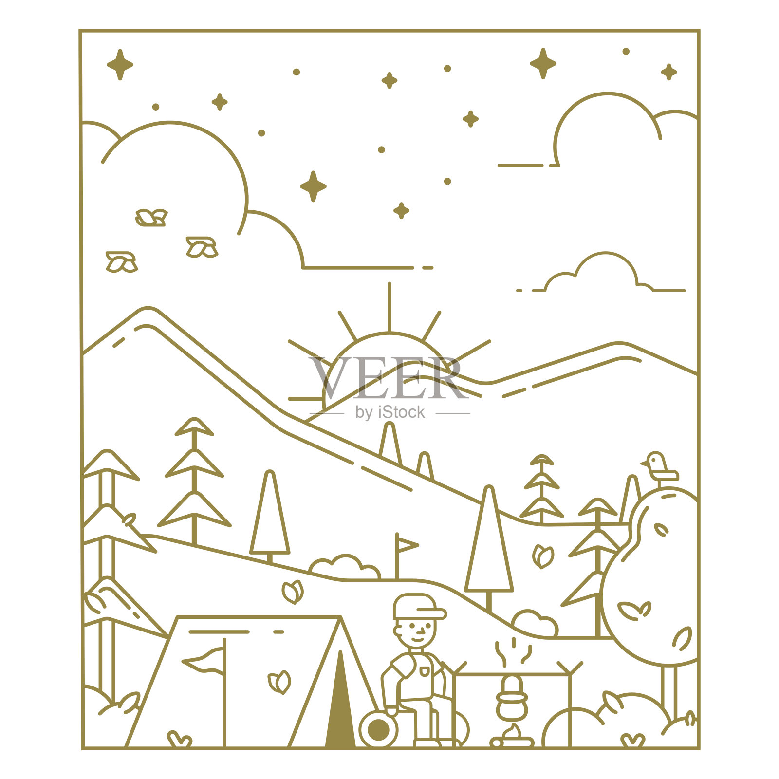 为t恤打印的山为背景的露营地的线条插图插画图片素材