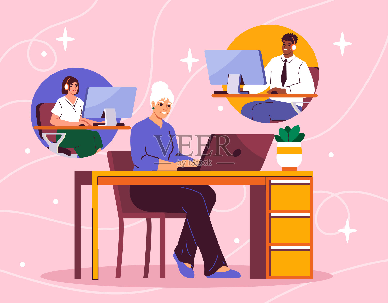 资深女性学习。拿着笔记本电脑的老妇人。社交网络上的视频通话和通信，互联网上的商务会议。奶奶用电脑。平面矢量图插画图片素材