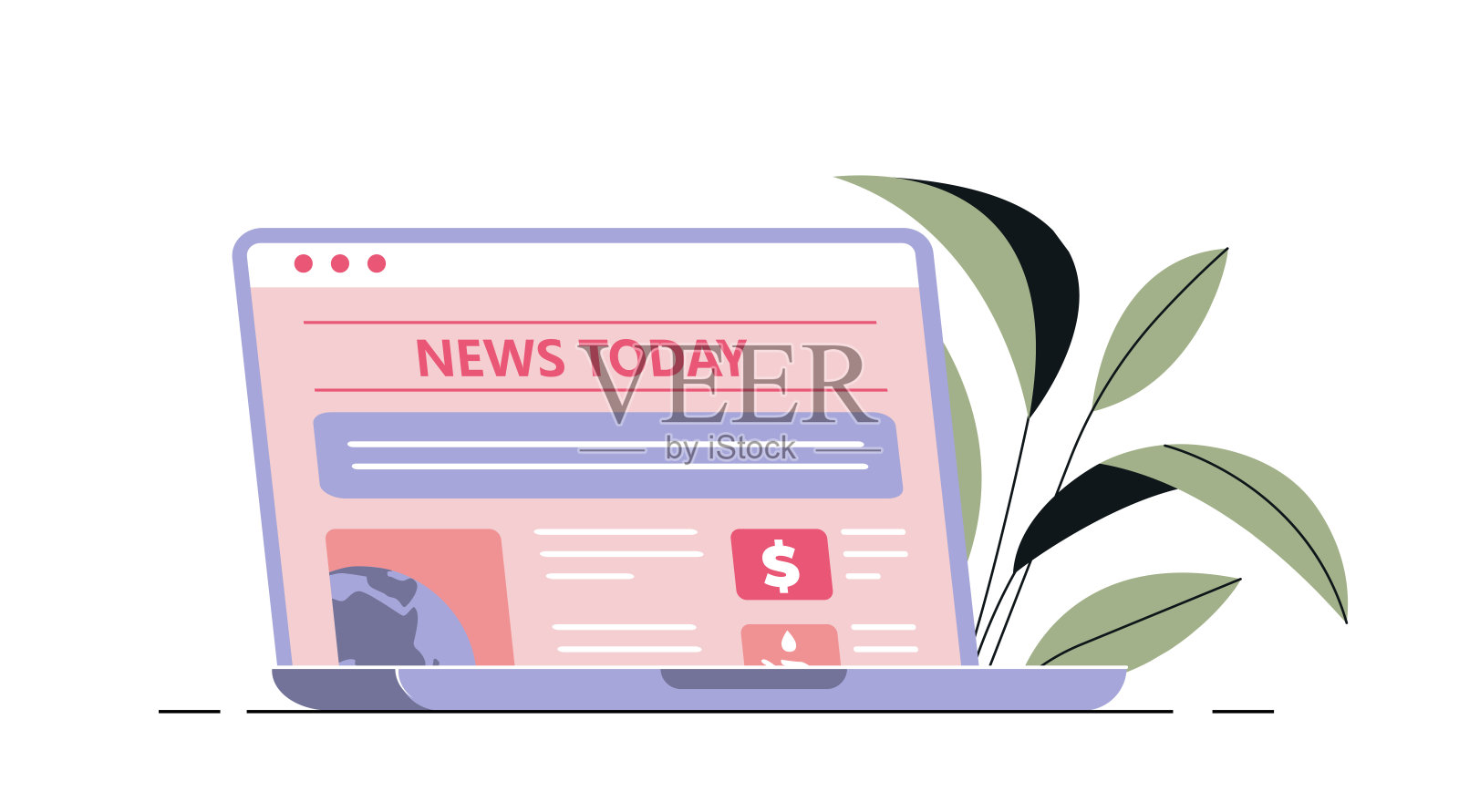 笔记本电脑上的在线新闻。在手提电脑上看报纸。大众传媒和新闻业。商业资讯及通讯。网站与世界每日新闻。平面矢量图插画图片素材