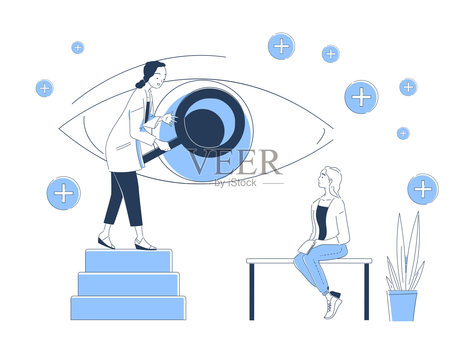 专家选眼镜。穿医疗服的女人拿着放大镜分析眼睛。视力测试由眼科医生进行。诊断和治疗。医疗保健和医药。线性向量图解插画图片素材