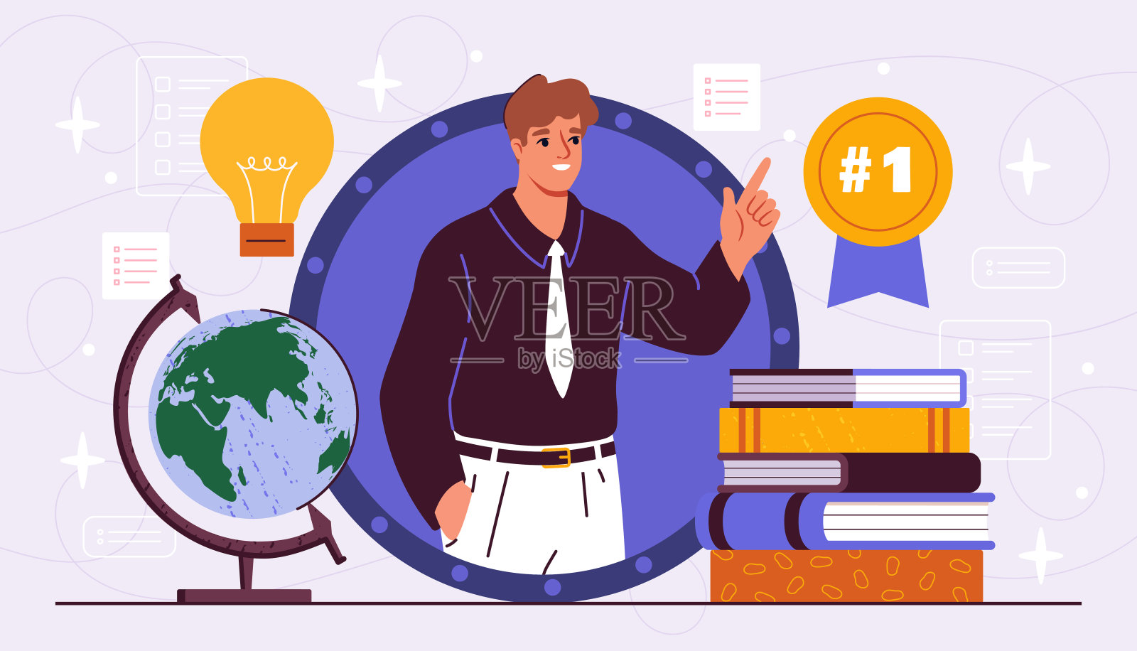 有自我激励的人。年轻人坐在一堆书和灯泡旁边。有抱负的专家，有商业或创业的想法。平面矢量图插画图片素材