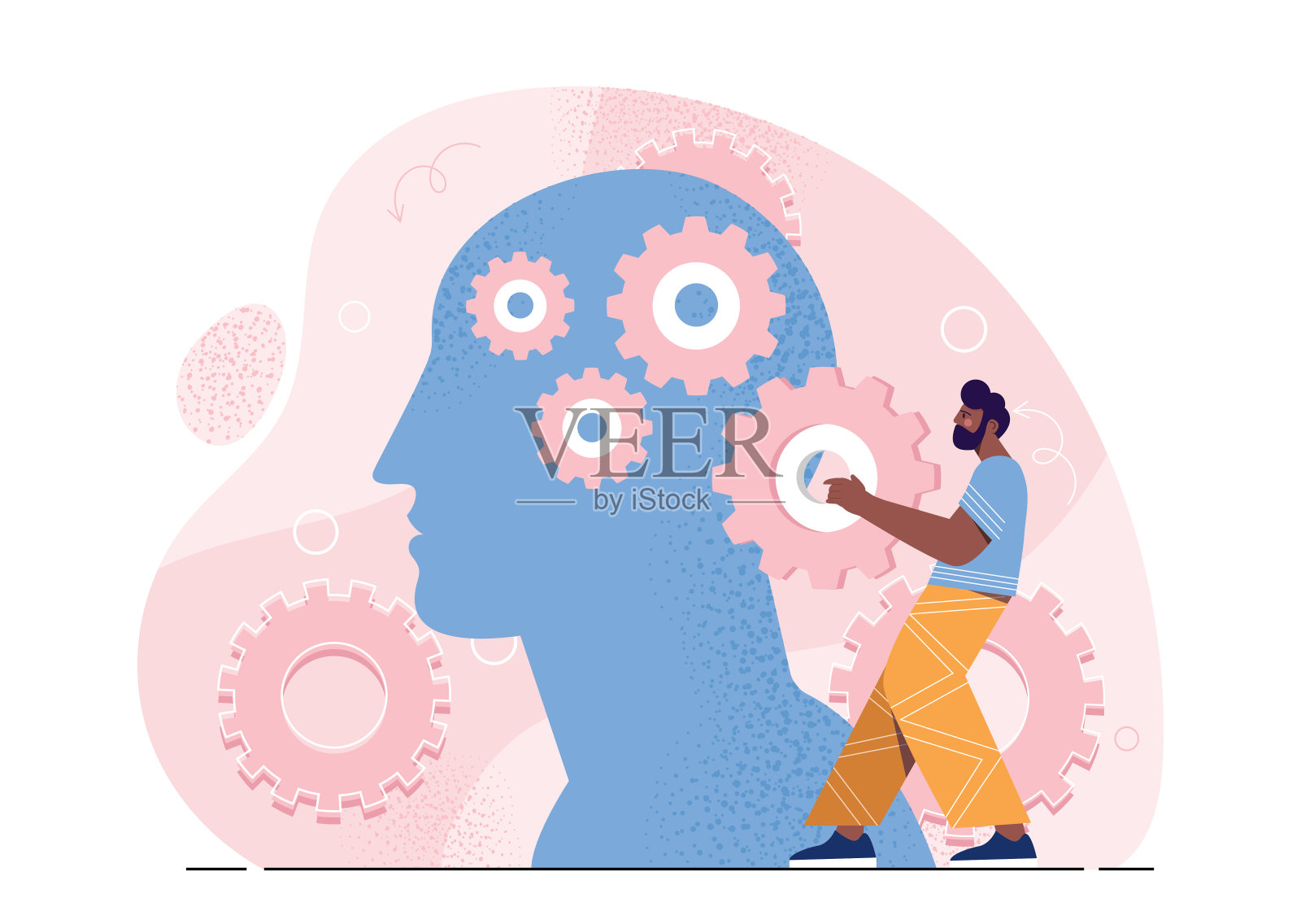 头脑风暴的人。戴着齿轮的年轻人头部轮廓接近。隐喻的逻辑思维和认知过程。灵感和想法。平面矢量图插画图片素材