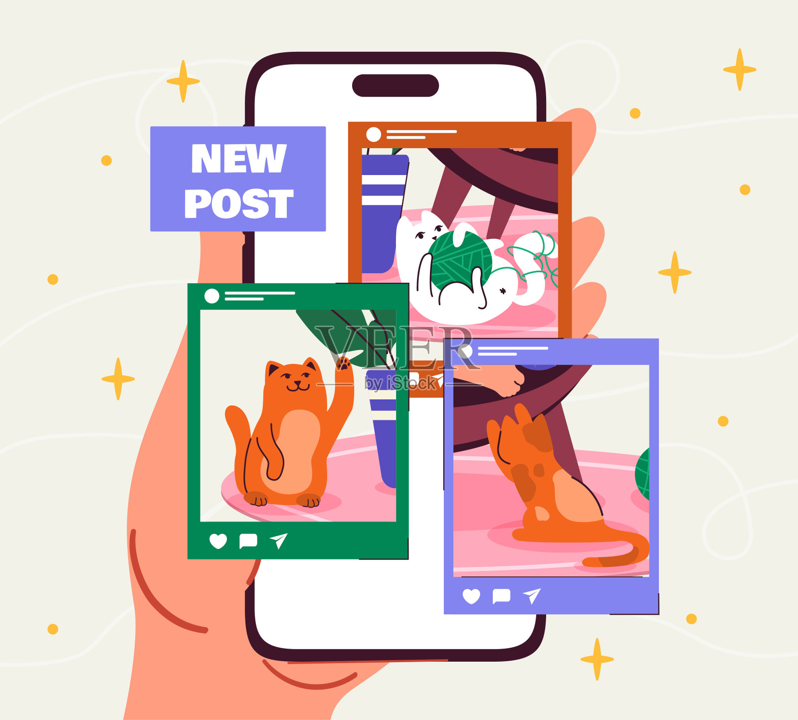 有猫的帖子。角色拿着智能手机，上面有猫的照片。社交网络的有趣内容。家畜的图片。平面矢量图插画图片素材
