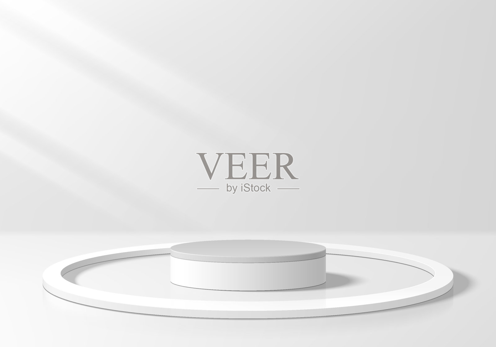 3D白色圆形产品平台背景与圆形框架在地板上。抽象构图极简设计。3D工作室展示陈列室化妆品台座，时装舞台展示样机场景。插画图片素材