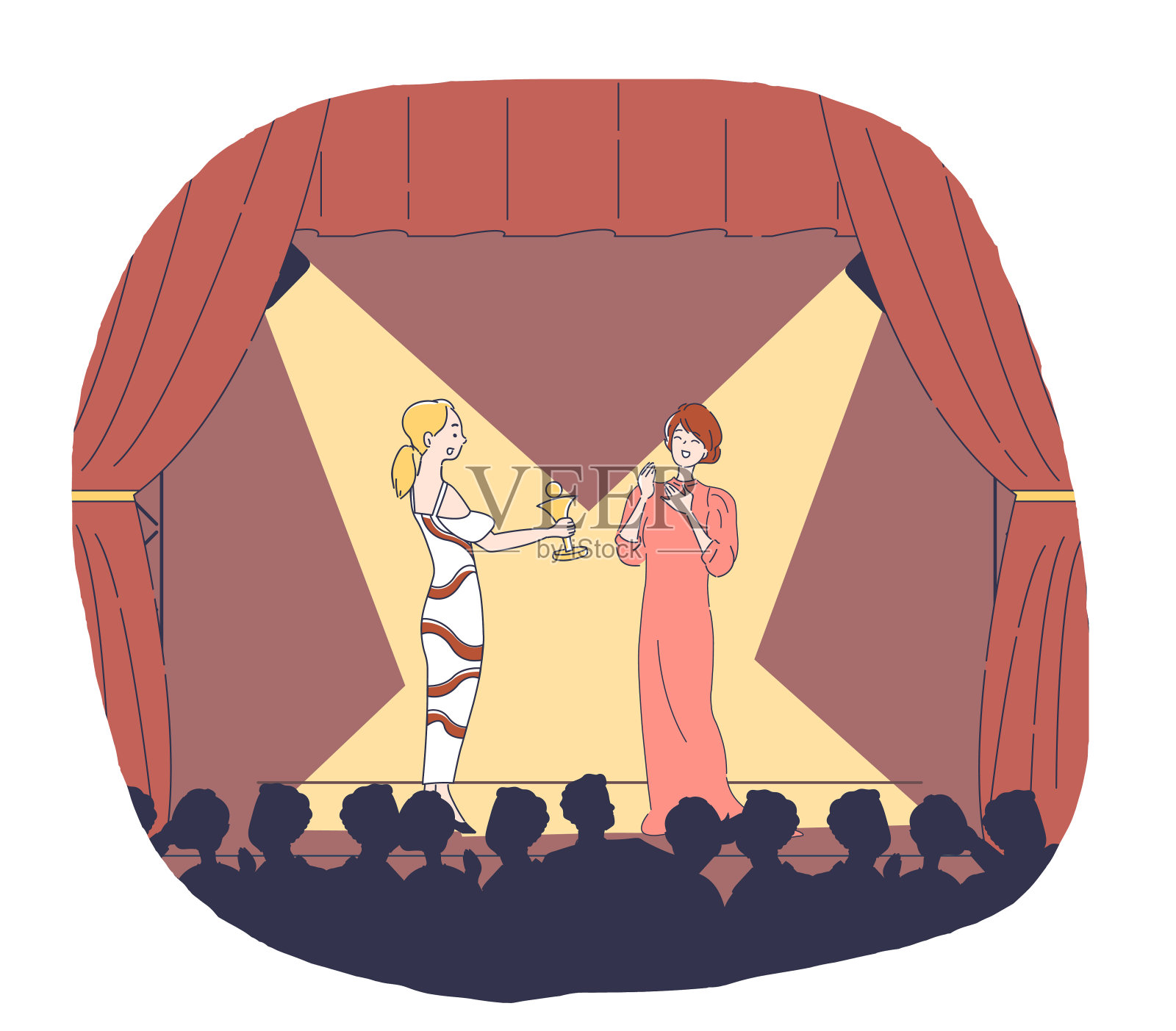 大舞台概念。歌手或女演员在舞台上领奖。颁奖典礼电视节目。名人和明星登上领奖台。娱乐行业奖励。线性向量图解插画图片素材