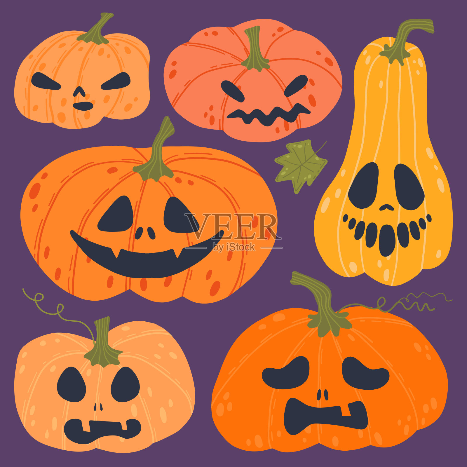 一组万圣节南瓜插图，在暗紫色的背景上有各种怪异和有趣的脸。每个南瓜都有独特的表情，非常适合节日秋季和万圣节的设计插画图片素材